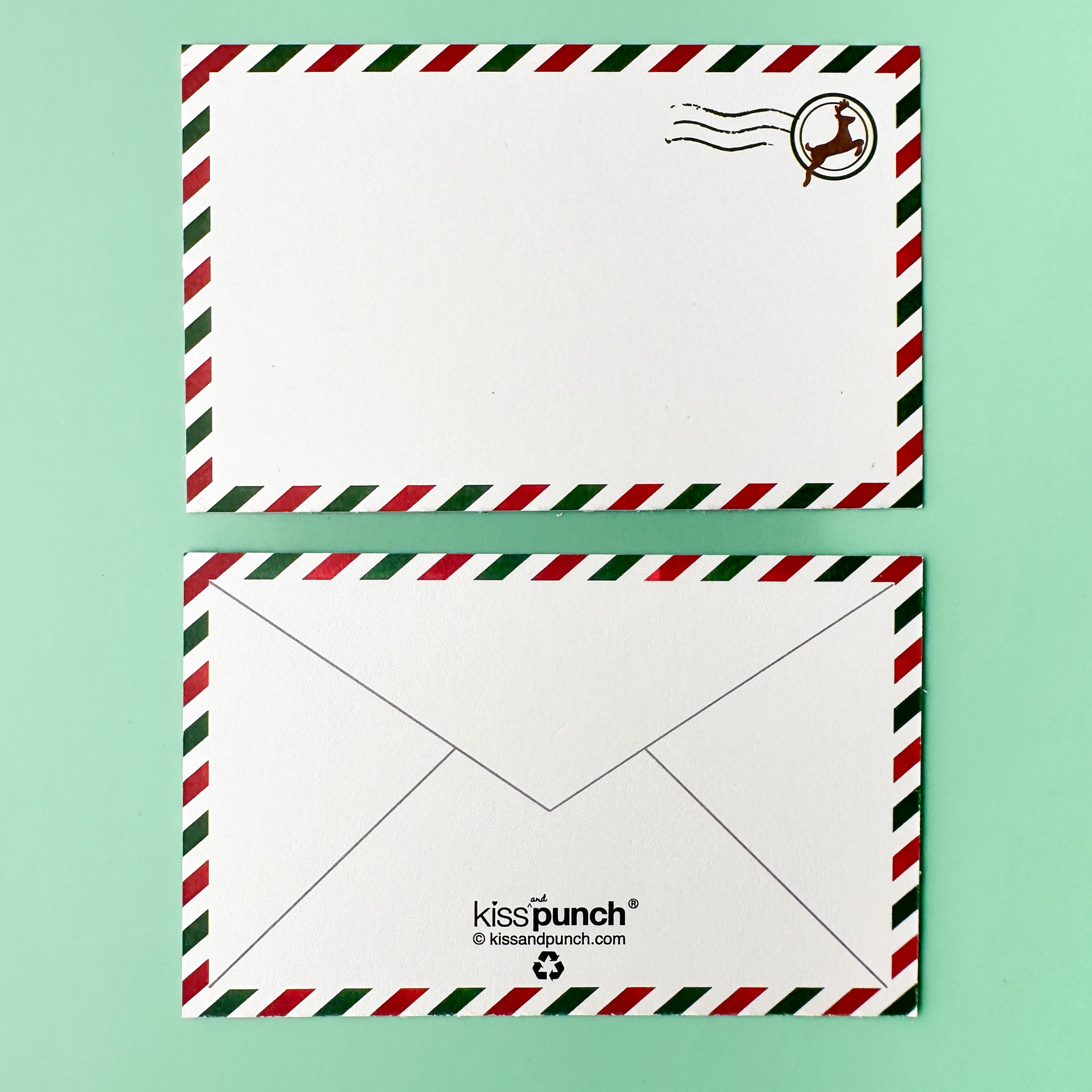 Holiday Airmail Style Mini Notecards featuring vintage airmail stripes and festive holiday motifs, perfect for sending holiday greetings, gift tags, or personal messages.