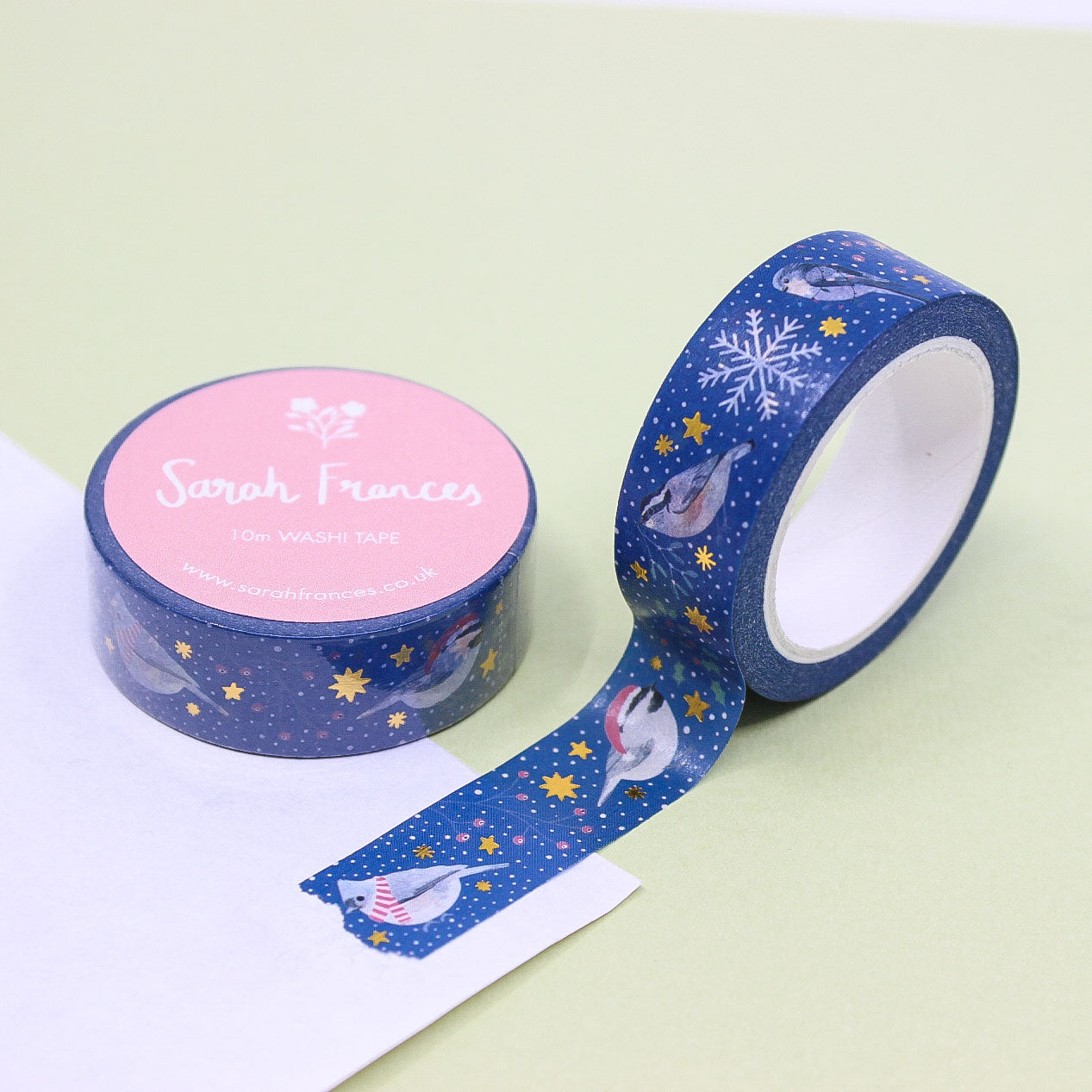 Christmas Birds Washi Tape with snowflakes and birds in hats and scarves on navy blue background
