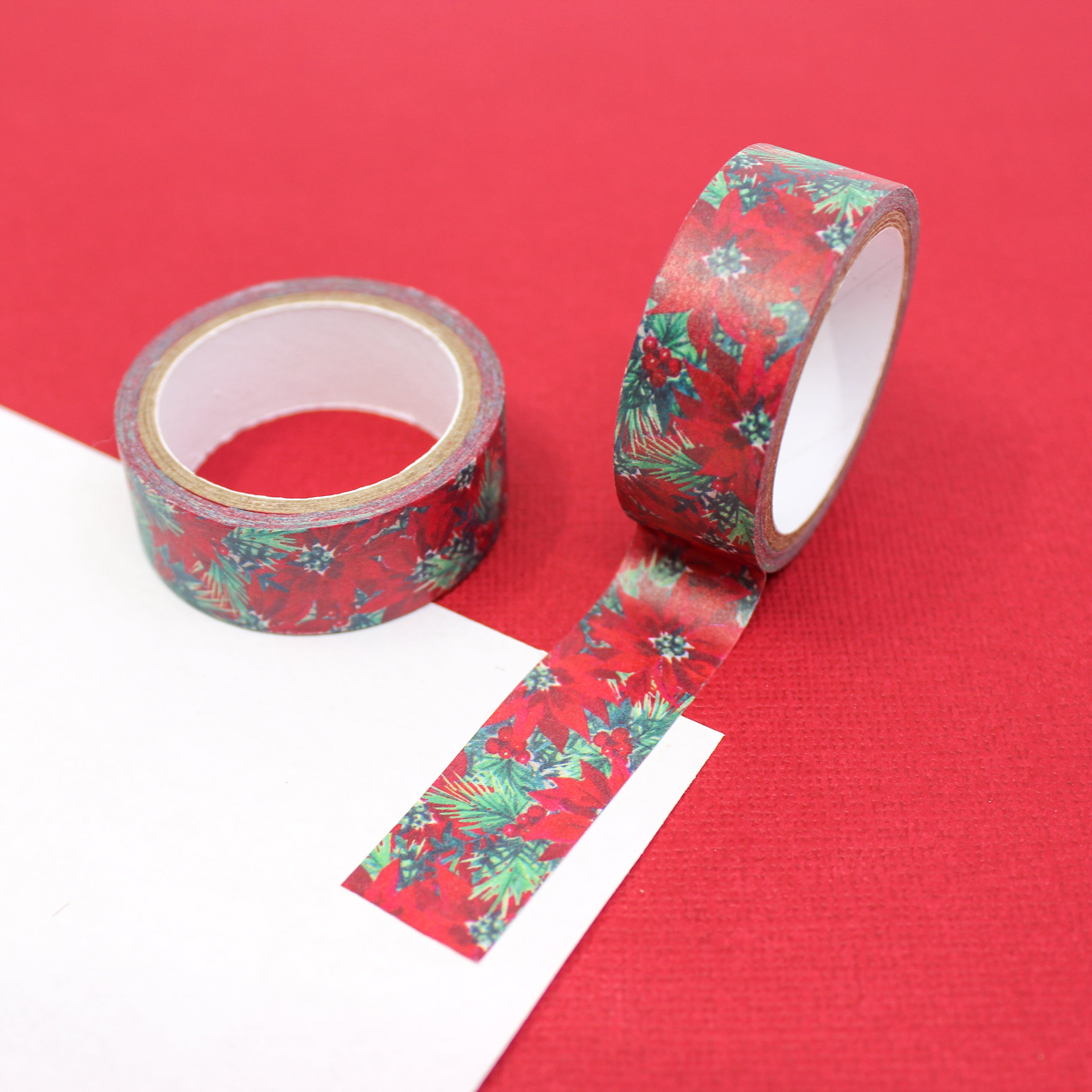 Celebrate the holidays with our poinsettia-themed washi tape, ideal for adding a classic and festive touch to your crafts, embodying the joy and tradition of holiday blooms. This tape is sold at BBB Supplies Craft Shop.