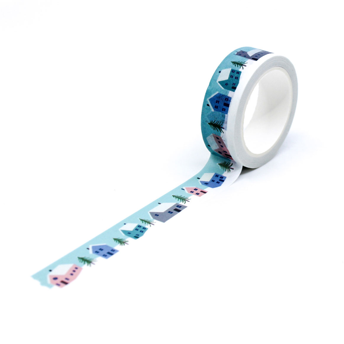 Pastel Christmas washi tape with snowy village and winter trees