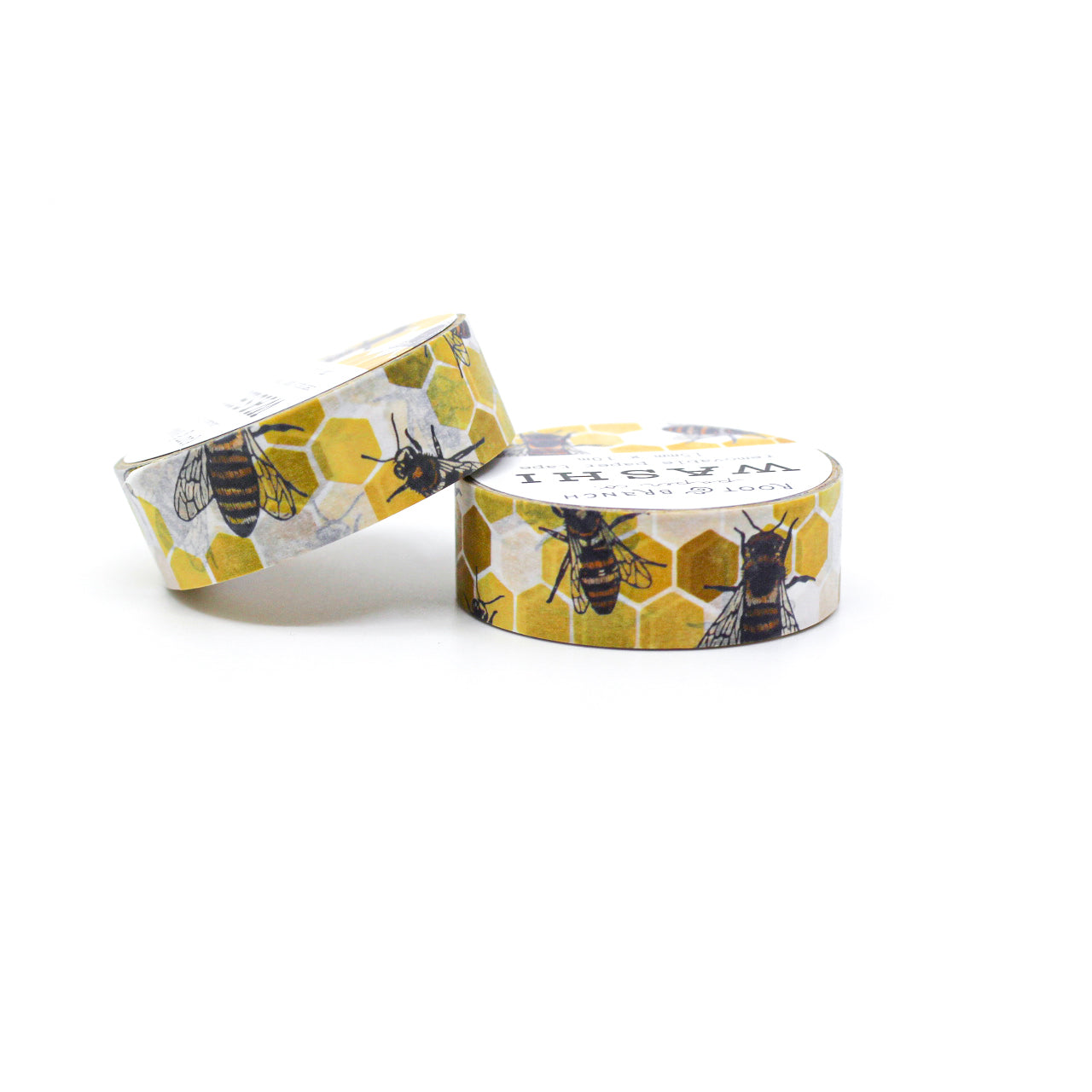 Capture nature's beauty with 'Honeybee on Yellow Hexagon Honeycomb' Washi Tape, a delightful tape featuring a charming honeybee against a vibrant hexagon honeycomb backdrop. This tape is from Root & Branch Co. and sold at BBB Supplies Craft Shop.