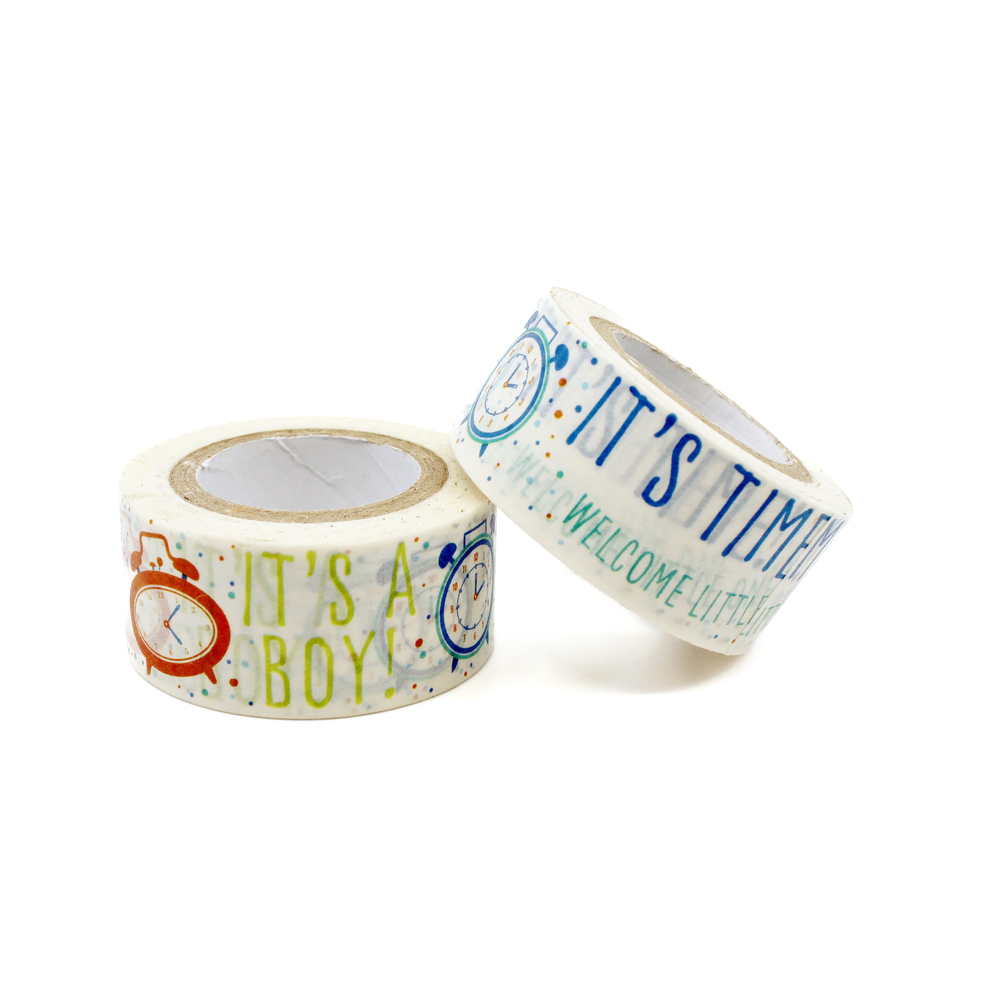Blue-themed baby boy washi with time and celebration details