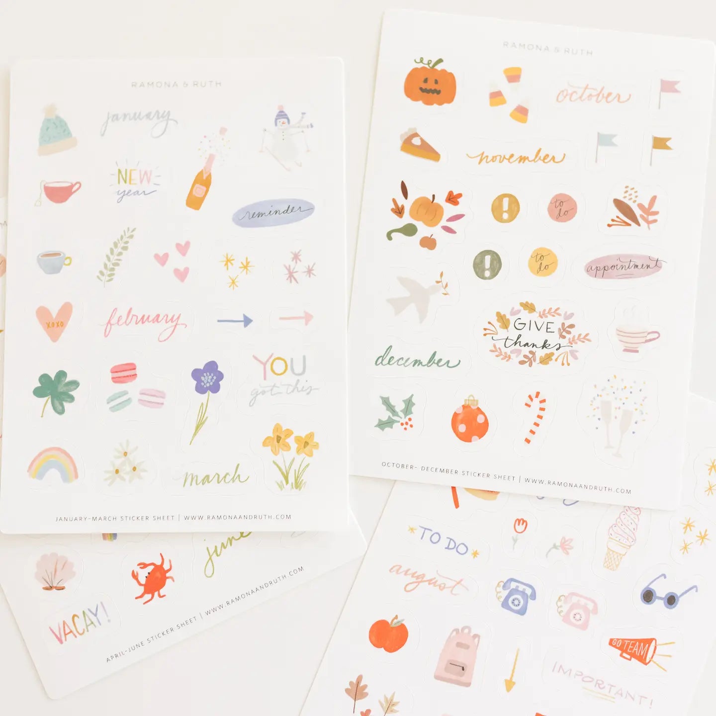 Modern illustrated planner stickers featuring winter, spring, Autumn and summer themes