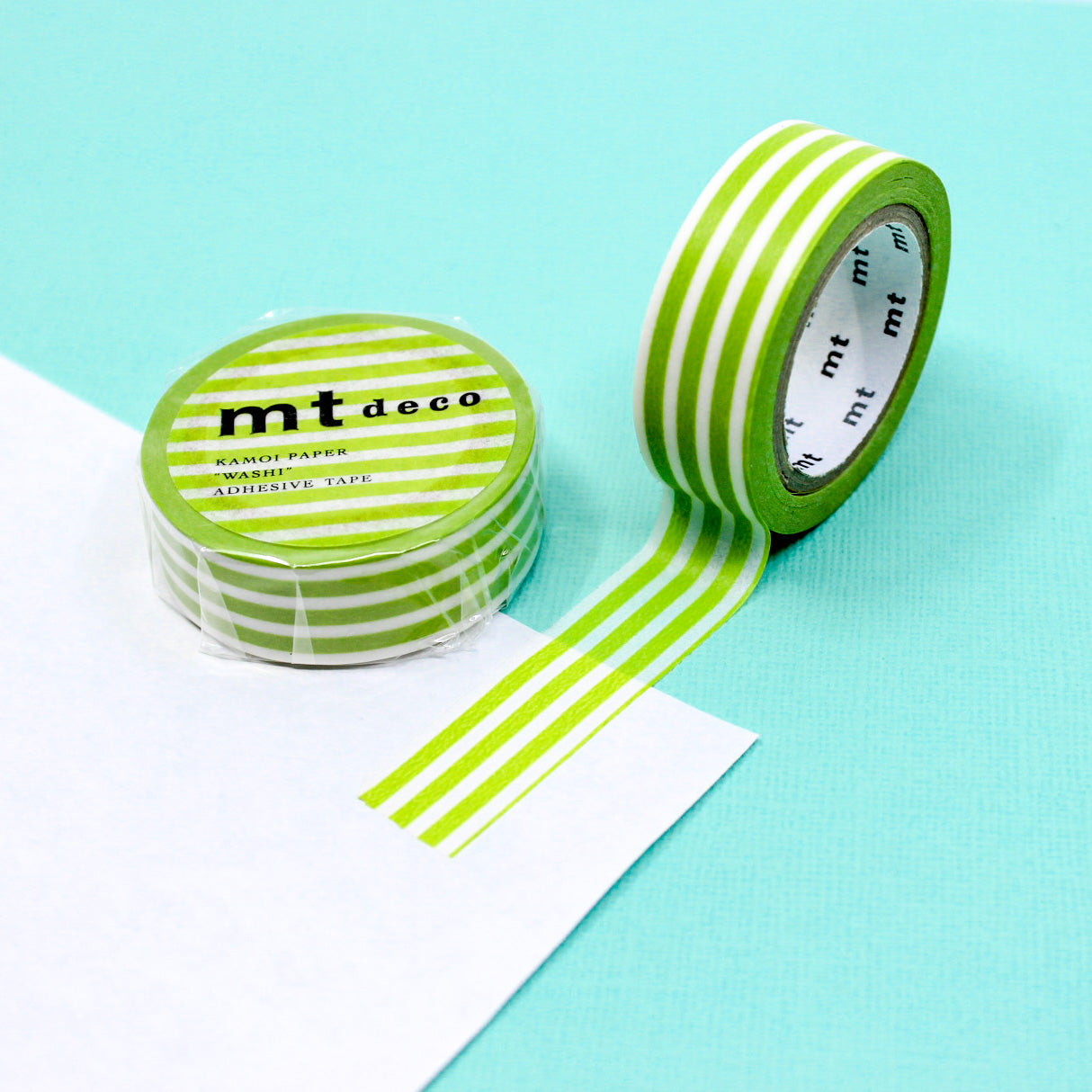 Enhance your crafts with our thicker line horizontal stripe washi tape, featuring bold and stylish stripes in a variety of colors, perfect for adding a dynamic and vibrant element to your projects. This Kiwi Green tape is from MT Brand Masking Tape and sold at BBB Supplies Craft Shop.