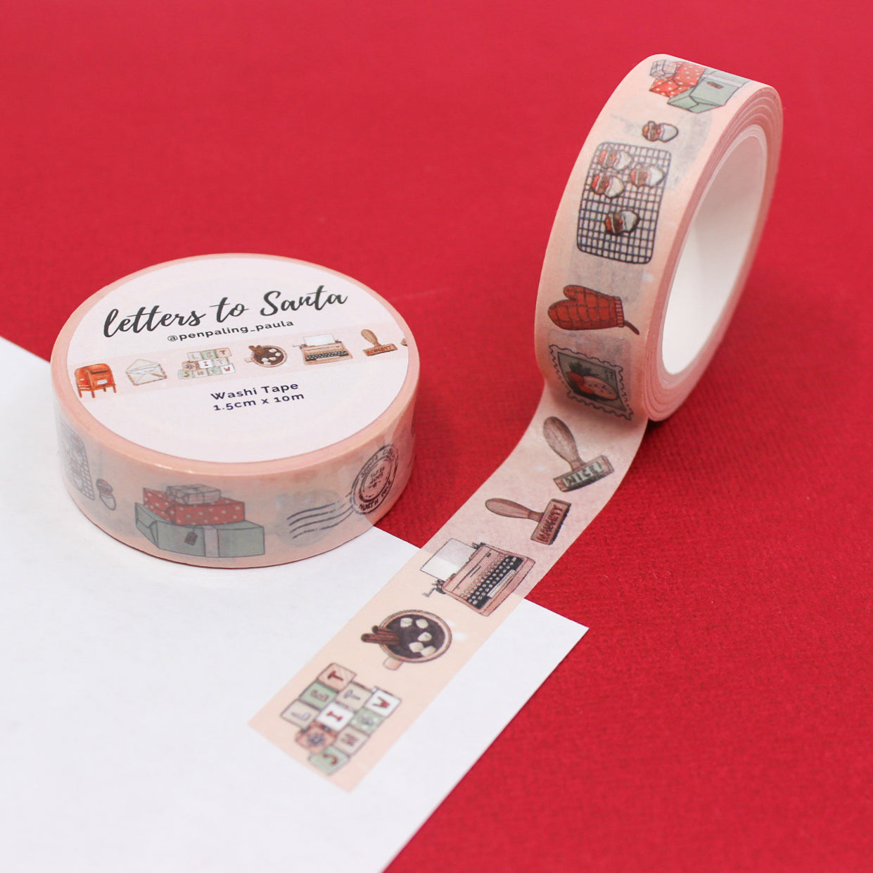 Letters to Santa Holiday Objects Washi Tape, a festive collection featuring whimsical illustrations of letters, gifts, and other holiday elements, perfect for adding a joyful touch to your seasonal crafts. This tape is from Pen Paling Paula and sold at BBB Supplies Craft Shop.