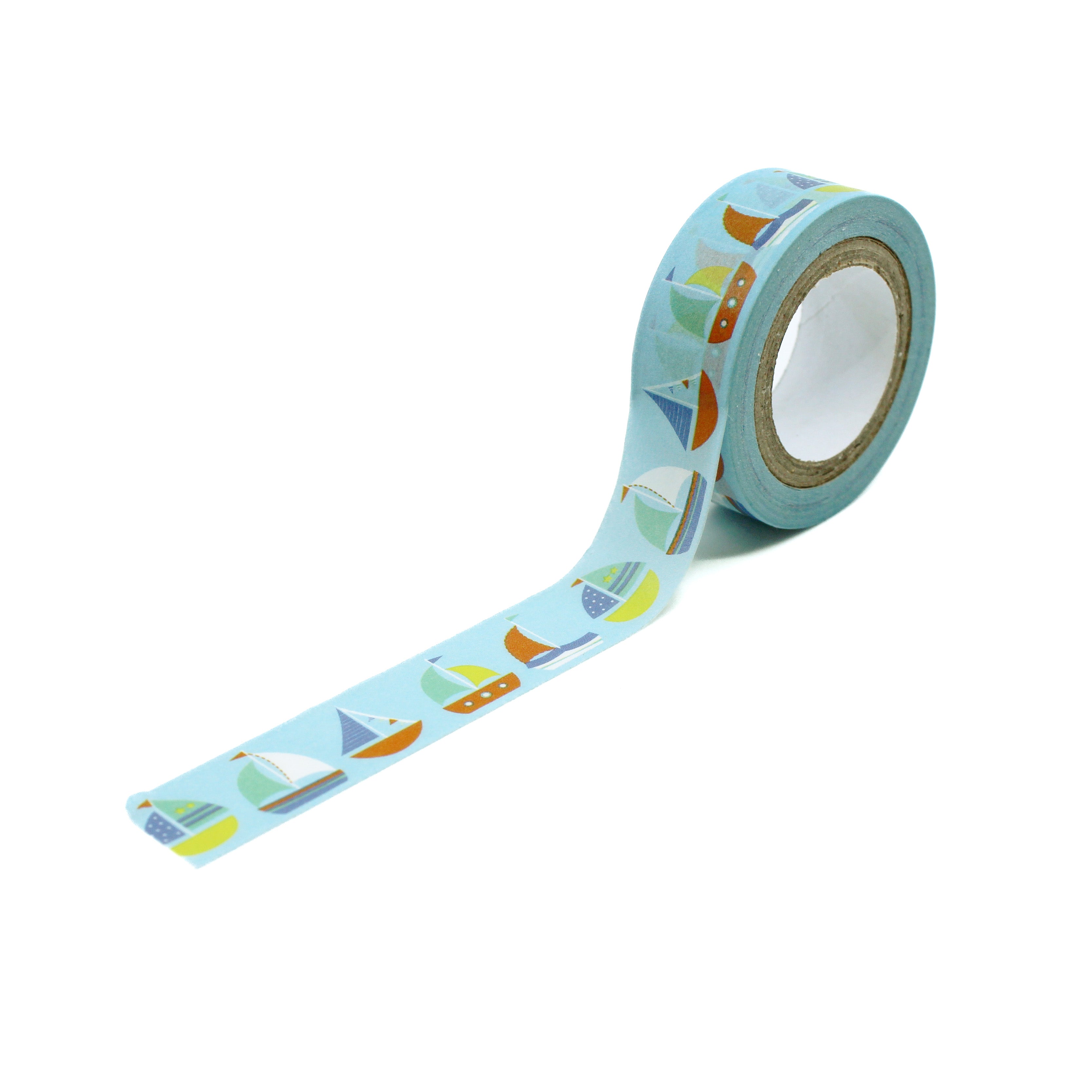 Blue washi tape with small sailboat illustrations on a light blue background, perfect for nautical-themed crafts and decorations.