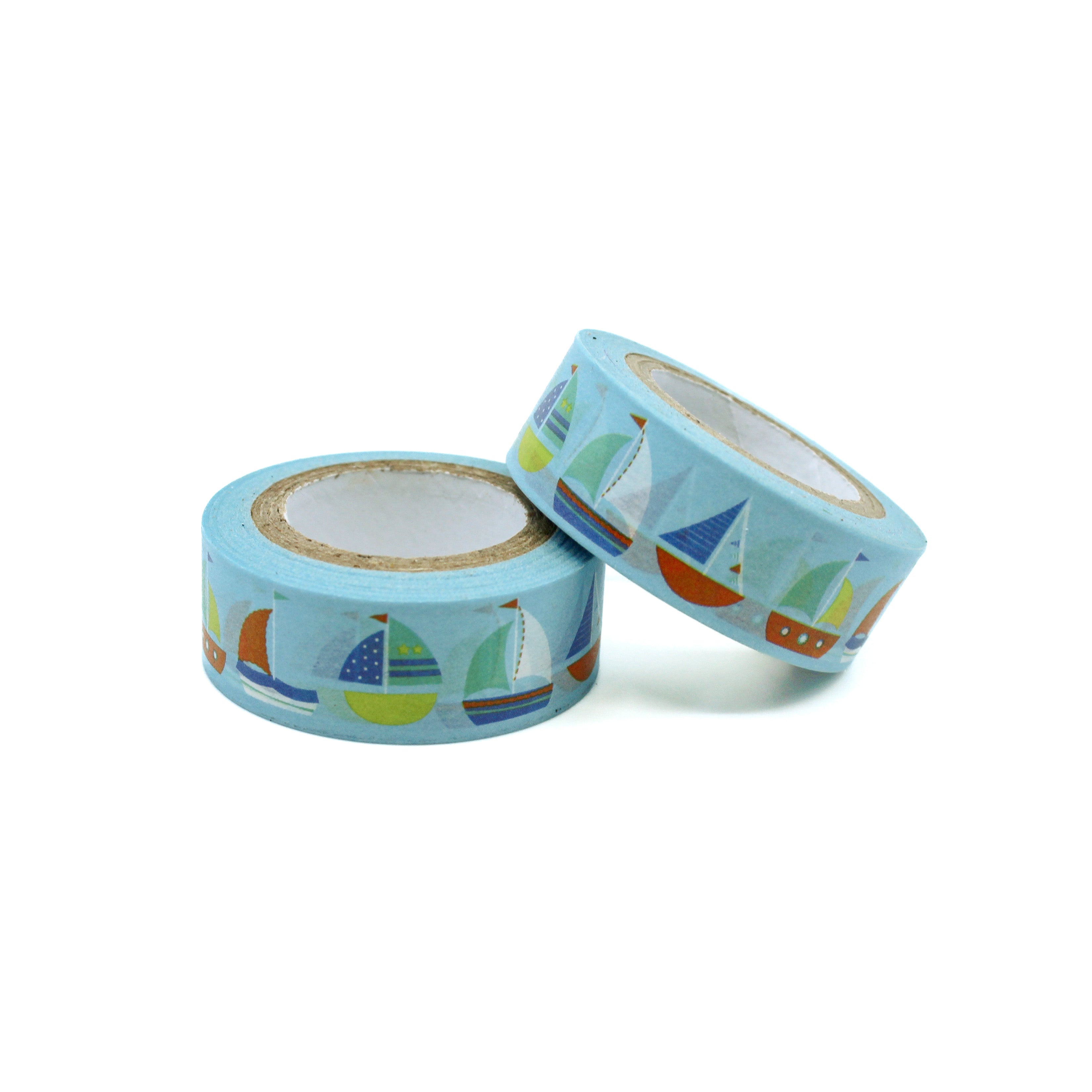 Blue washi tape with small sailboat illustrations on a light blue background, perfect for nautical-themed crafts and decorations.