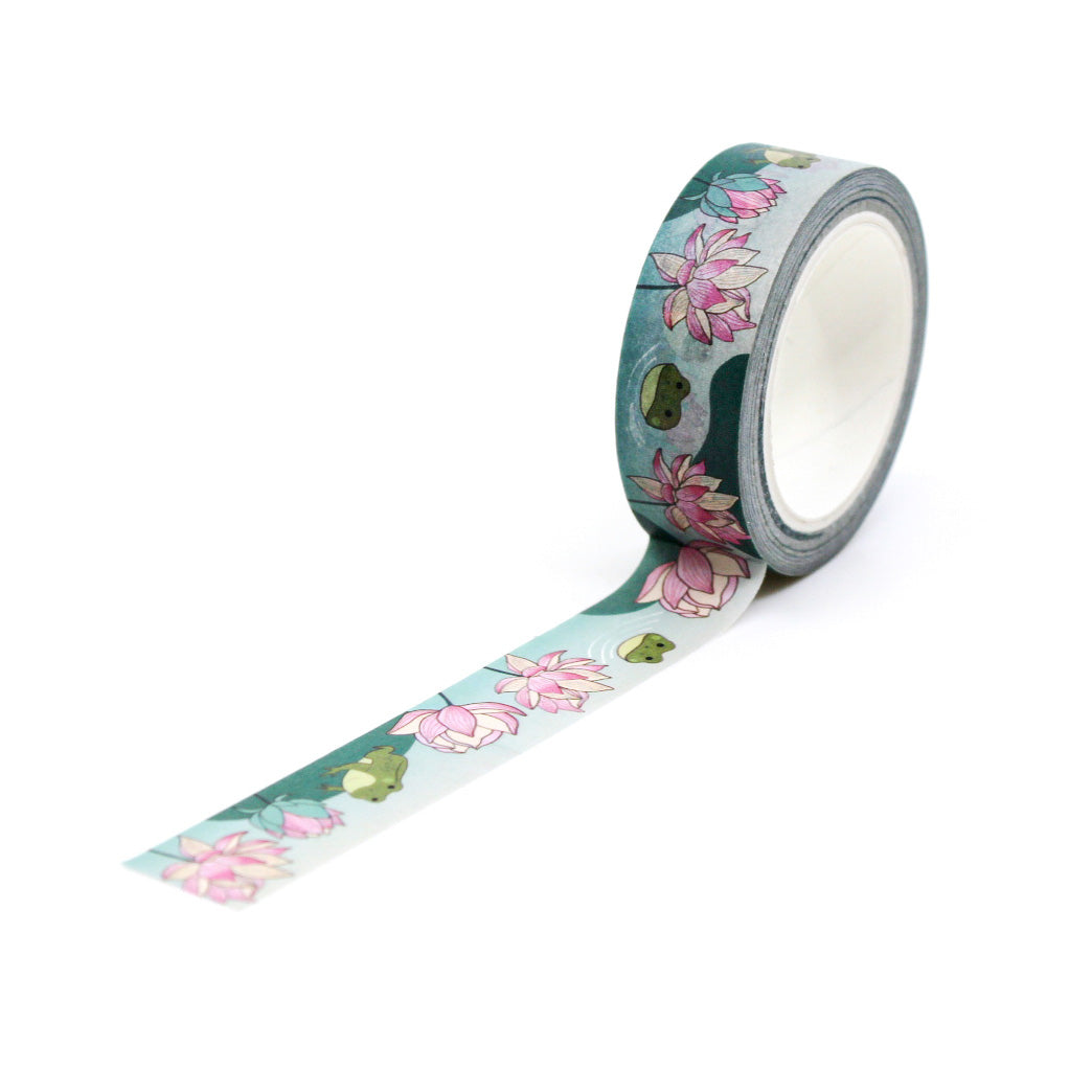 Lotus Flower and Frog Washi Tape featuring delicate lotus flowers and playful frogs, adding a serene and whimsical touch to your crafts and projects. This tape is from Girl of All Work and sold at BBB Supplies Craft Shop.
