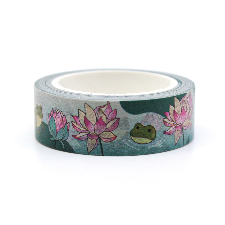 Lotus Flower and Frog Washi Tape featuring delicate lotus flowers and playful frogs, adding a serene and whimsical touch to your crafts and projects. This tape is from Girl of All Work and sold at BBB Supplies Craft Shop.