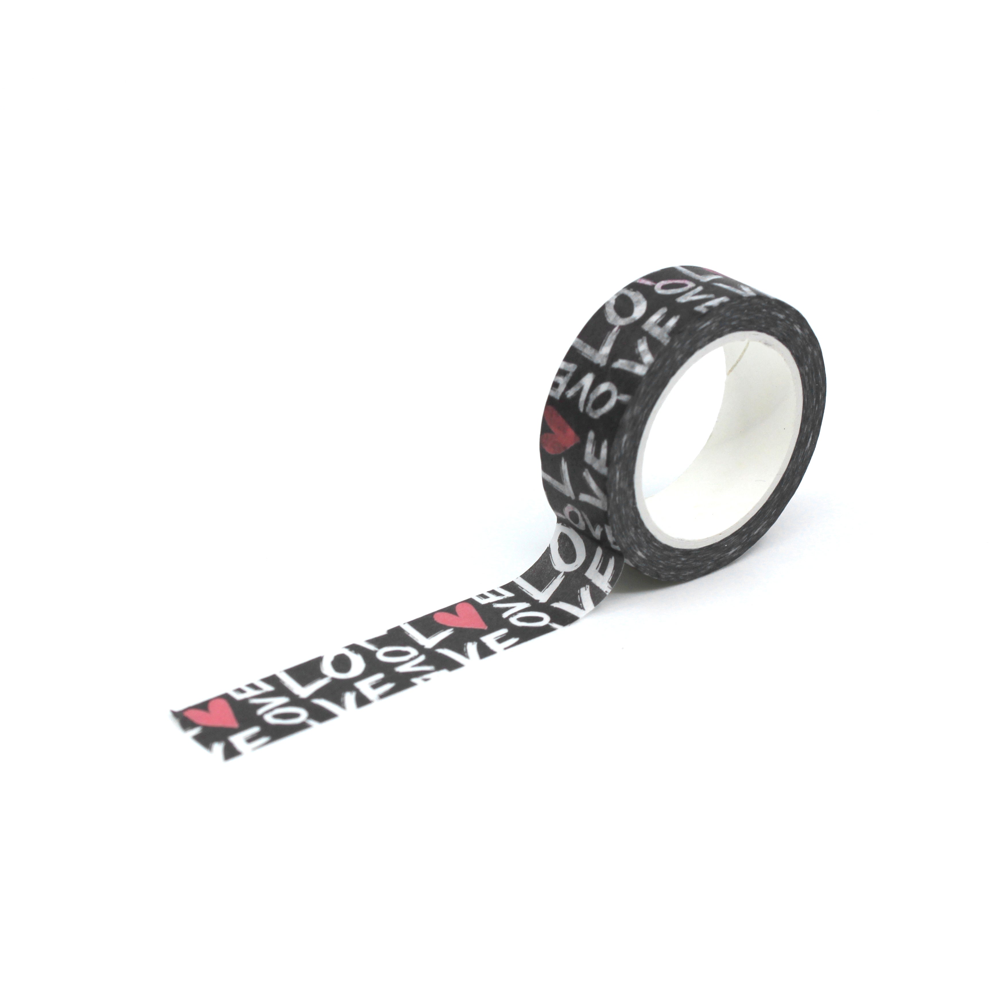 Elevate your crafts with this fun and graphic Love Typography Washi Tape. This tape uses a modern graffiti-style font to spell out expressions of love with heart motifs and is sold at BBB Supplies Craft Shop.