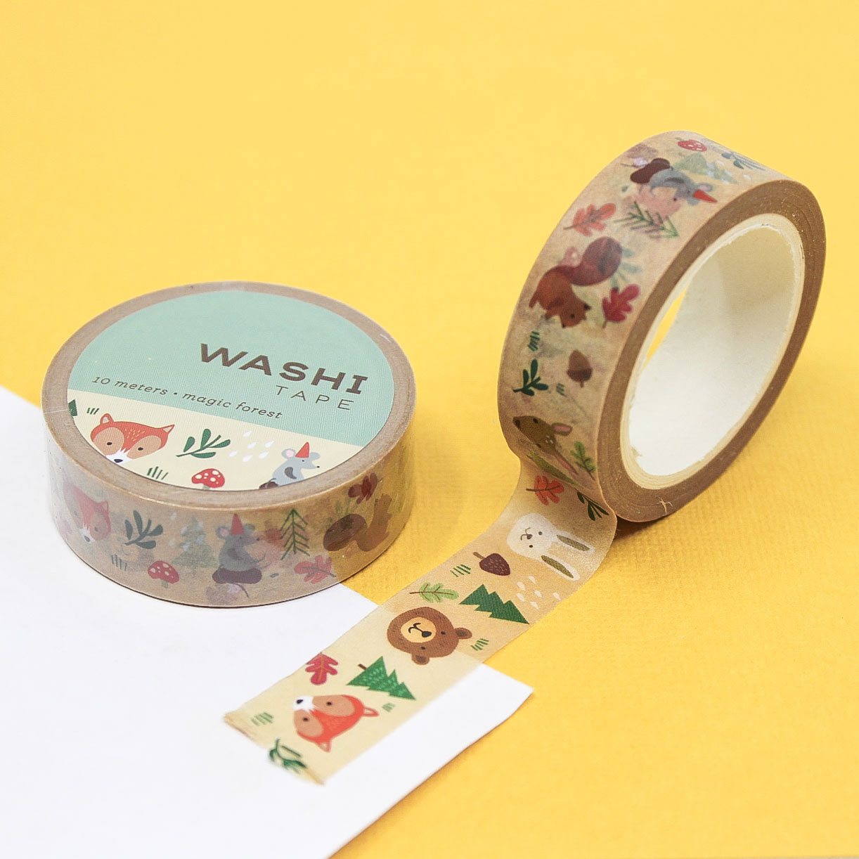 Autumn Forest Animals Washi Tape featuring cute squirrels, foxes, and hedgehogs surrounded by fall leaves and acorns in warm autumn colors.