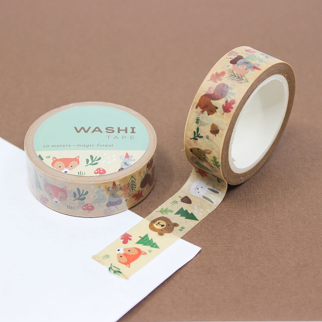 Autumn Forest Animals Washi Tape featuring cute squirrels, foxes, and hedgehogs surrounded by fall leaves and acorns in warm autumn colors.