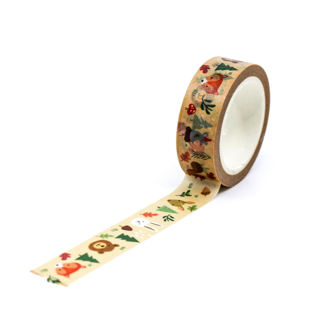 Autumn Forest Animals Washi Tape featuring cute squirrels, foxes, and hedgehogs surrounded by fall leaves and acorns in warm autumn colors.