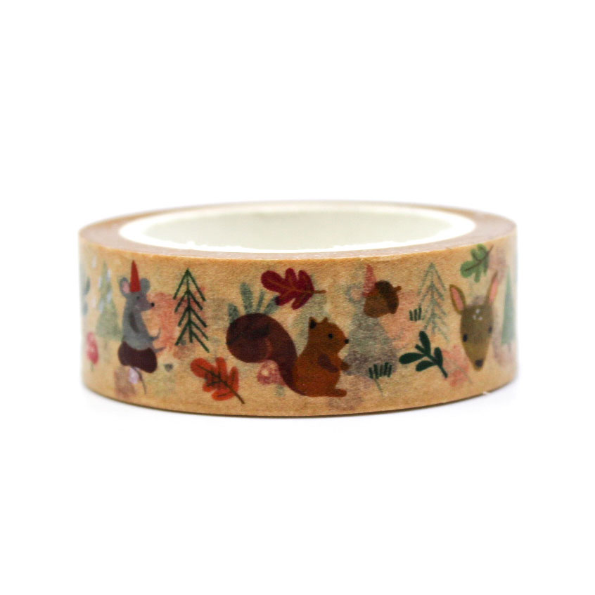 Autumn Forest Animals Washi Tape featuring cute squirrels, foxes, and hedgehogs surrounded by fall leaves and acorns in warm autumn colors.