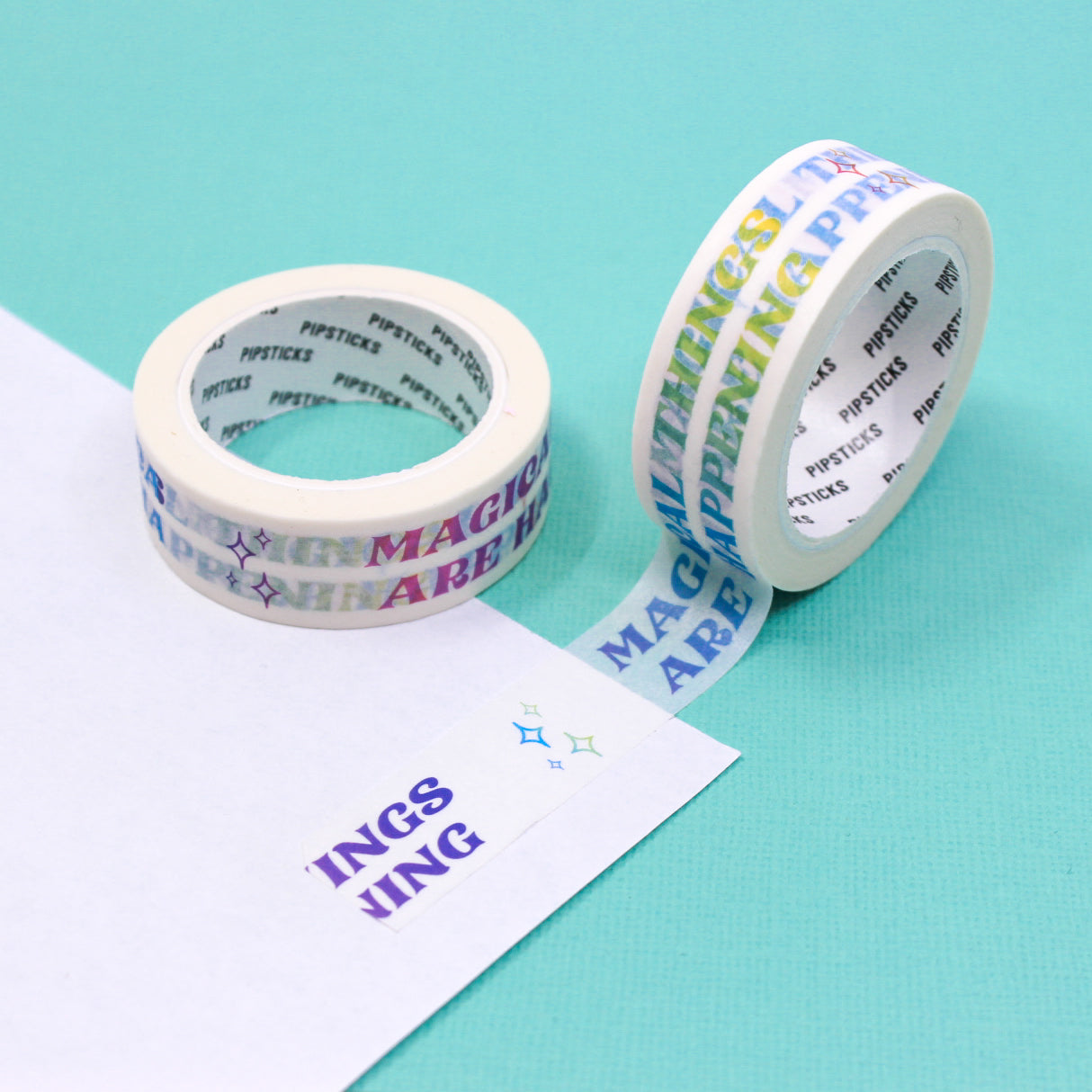 Experience the magic with our 'Magical Things Are Happening' Typography Washi Tape, featuring enchanting text designs. Ideal for adding a touch of whimsy and wonder to your projects. This tape is from Pipsticks and sold at BBB Supplies Craft Shop.