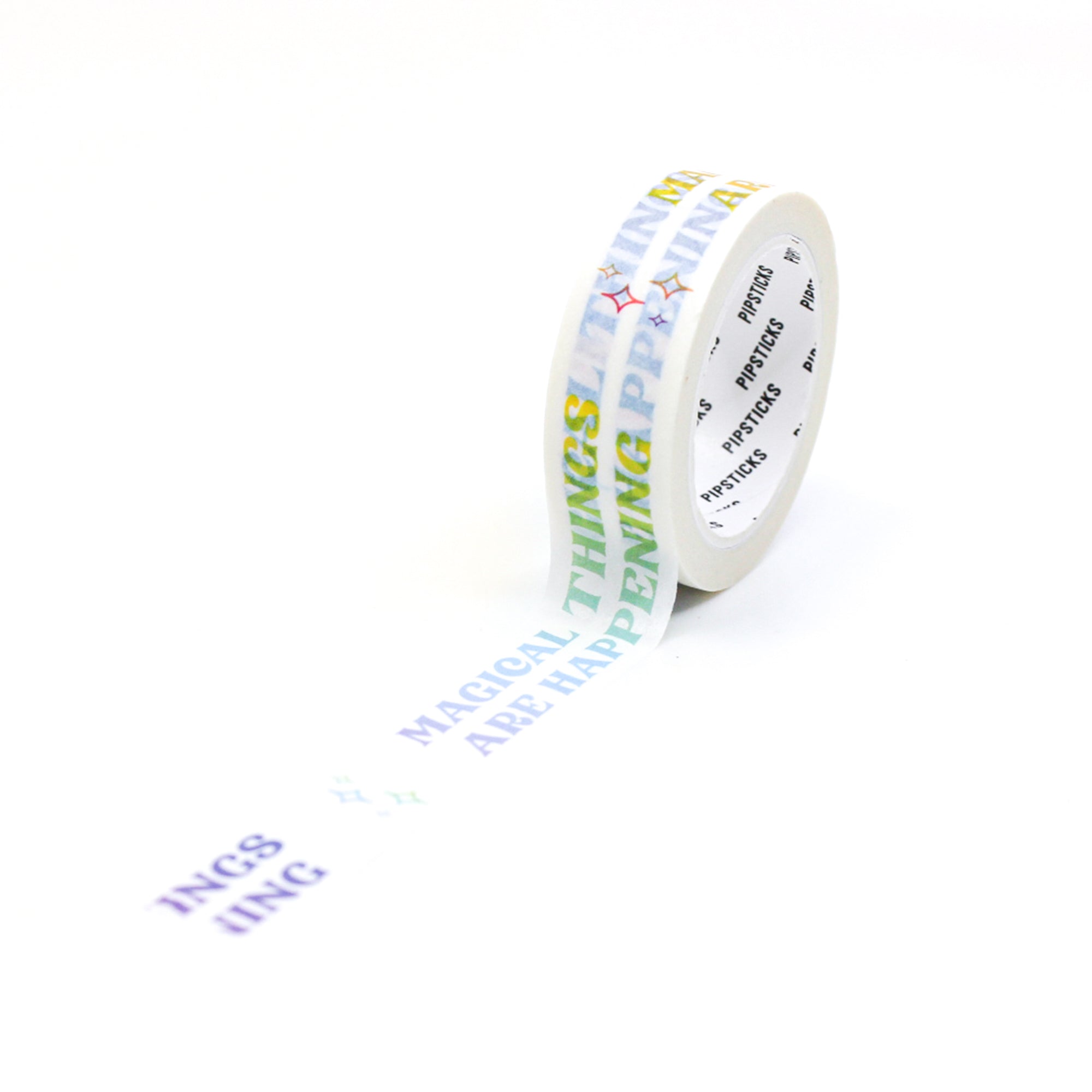 Experience the magic with our 'Magical Things Are Happening' Typography Washi Tape, featuring enchanting text designs. Ideal for adding a touch of whimsy and wonder to your projects. This tape is from Pipsticks and sold at BBB Supplies Craft Shop.
