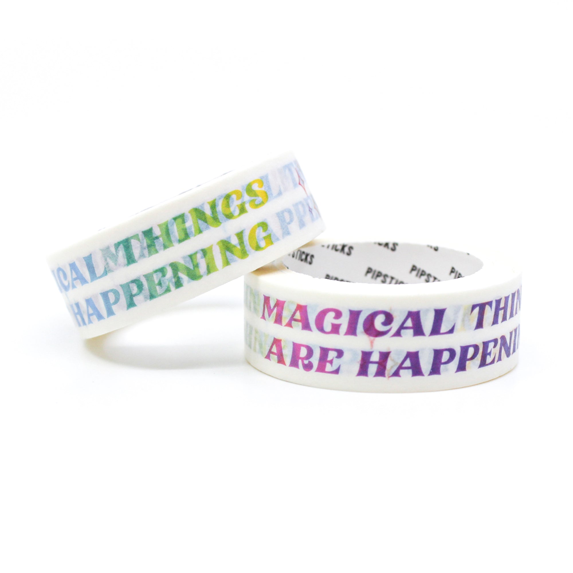 Experience the magic with our 'Magical Things Are Happening' Typography Washi Tape, featuring enchanting text designs. Ideal for adding a touch of whimsy and wonder to your projects. This tape is from Pipsticks and sold at BBB Supplies Craft Shop.