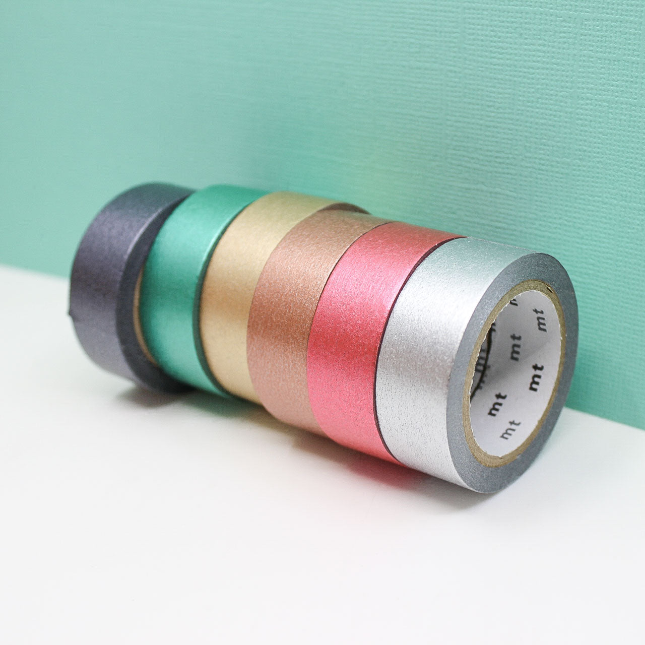 MT Matte Foil Washi Tape in champagne gold, green, bronze, gunmetal grey, red, and silver. Ideal for elegant planners, scrapbooking, gift wrapping, and decorative projects with a luxurious matte metallic finish.