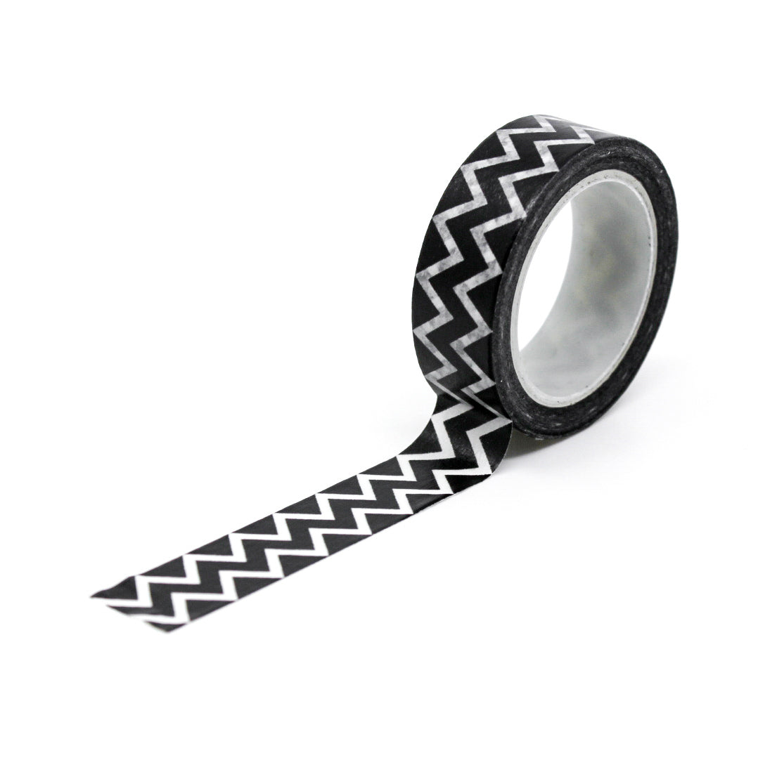 Elevate your creations with our captivating black and white chevron tape, showcasing a bold chevron design in classic black and white, creating a modern and energetic element for your projects. This tape is sold at BBB Supplies Craft Shop.