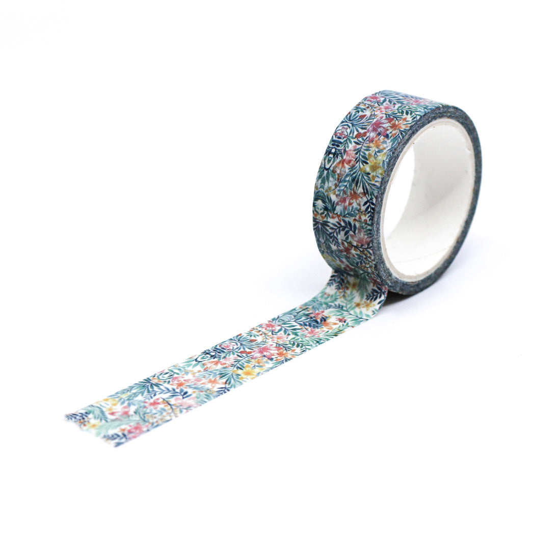 A vibrant washi tape featuring contemporary tropical leaf and floral designs, perfect for adding a fresh, exotic flair to your planners, journals, and crafting projects. This tape is sold at BBB Supplies Craft Shop.