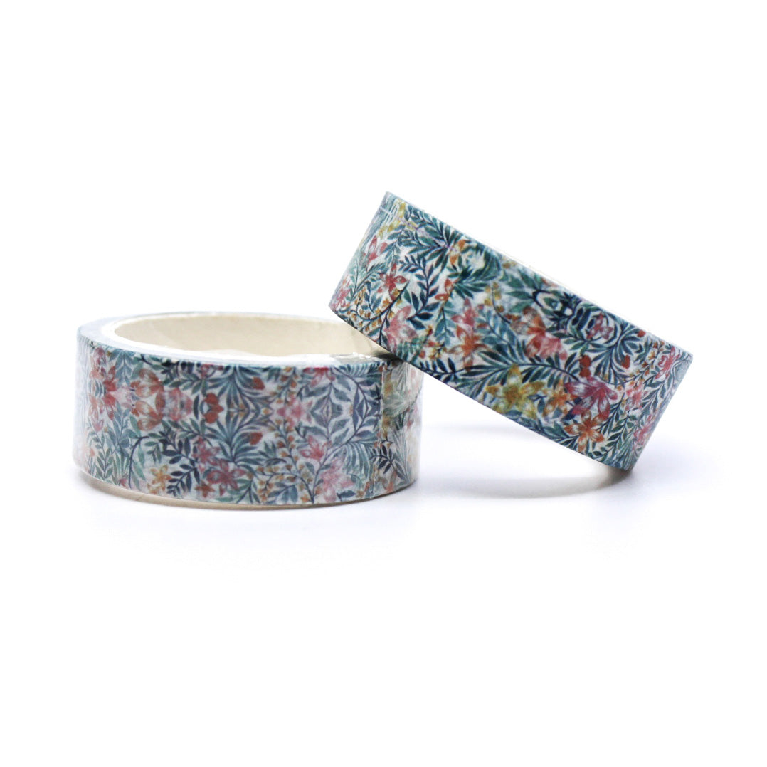 A vibrant washi tape featuring contemporary tropical leaf and floral designs, perfect for adding a fresh, exotic flair to your planners, journals, and crafting projects. This tape is sold at BBB Supplies Craft Shop.