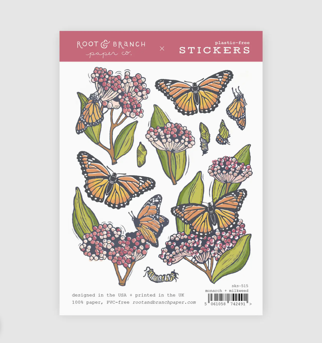 Monarch and milkweed Sticker sheets featuring woodland animals, greenery, mushrooms, and nature-themed illustrations perfect for journals, planners, and crafting.