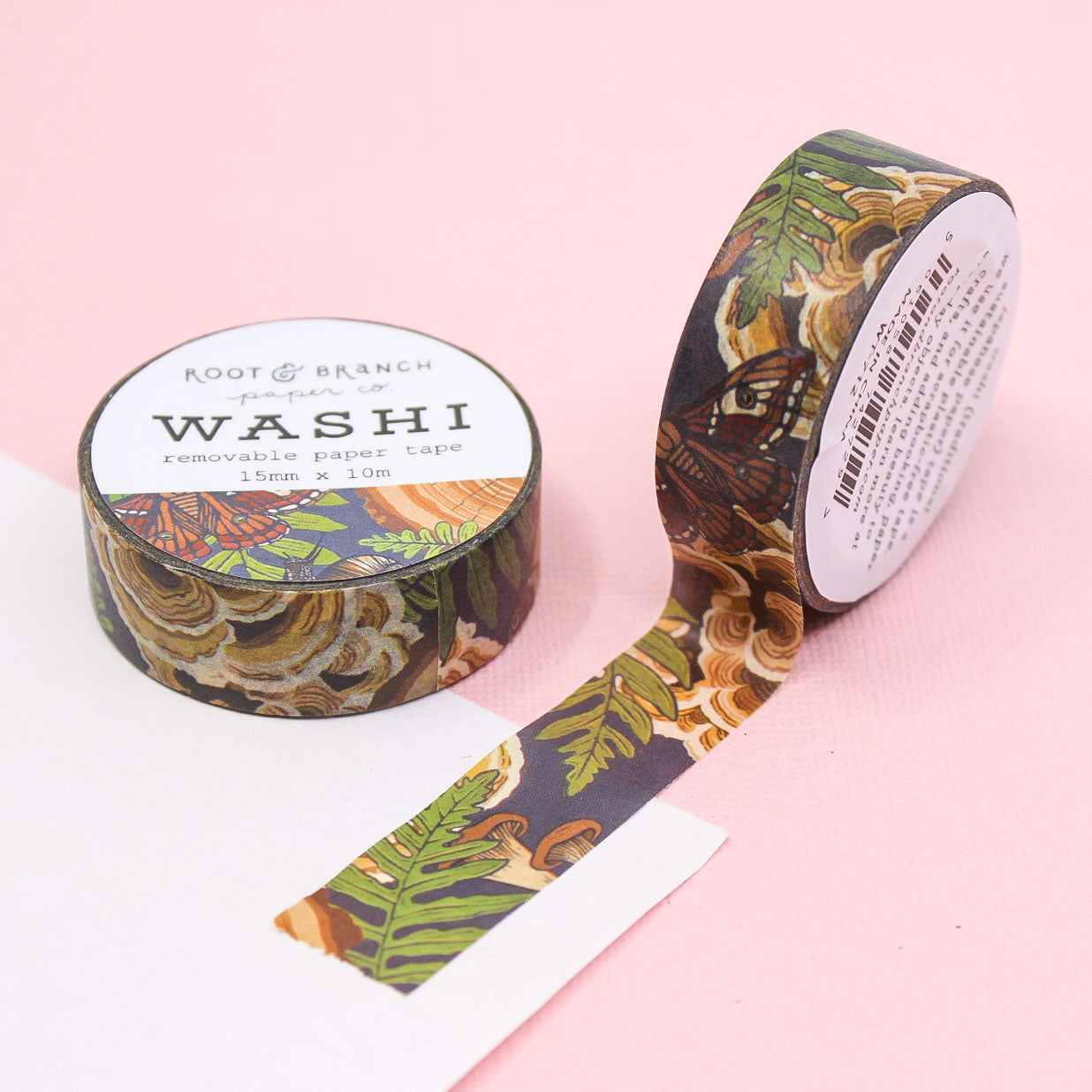 This Mushnroom Grove Forest Floor Washi with its earthy tones of green, warm brown, and deep blues, this washi tape captures the peaceful beauty of nature's forest floor, including moths and snails, making it a delightful addition to your planner, journal, or crafting projects.