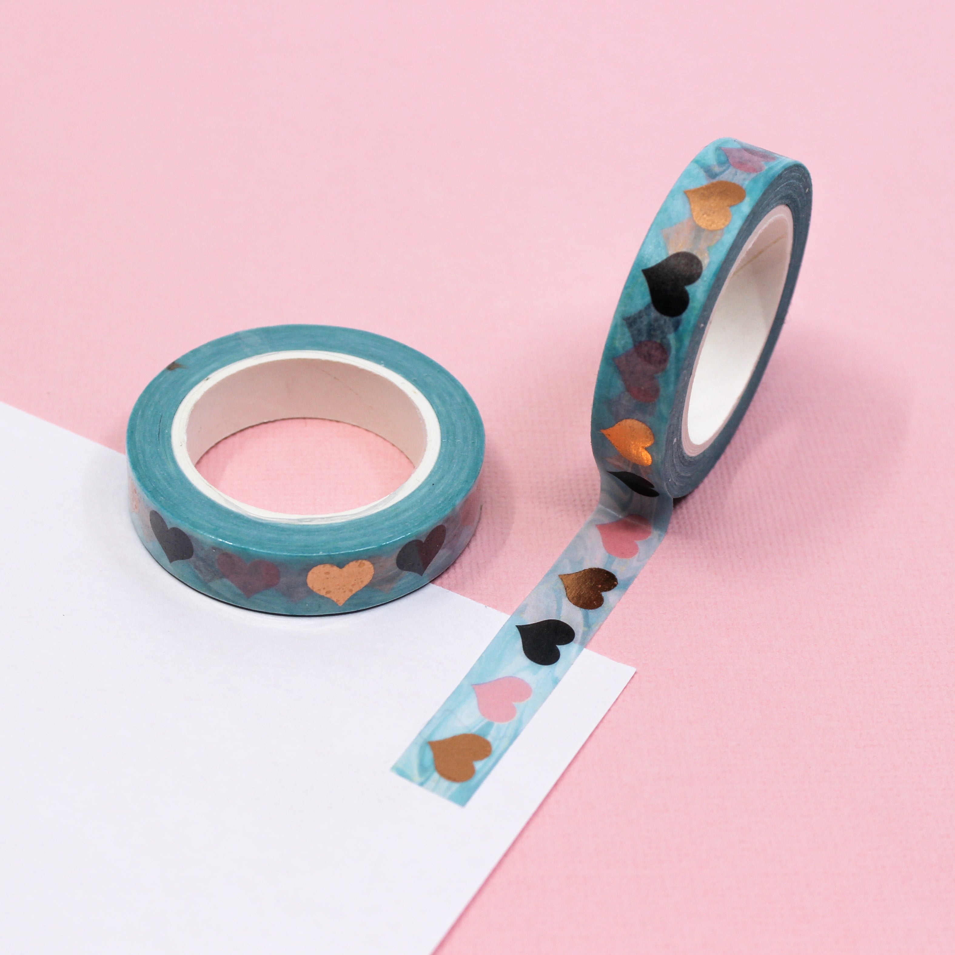 This playful and graphic foil tape featuring colorful hearts is a unique color choice but perfect for your valentine washi collection. This tape is sold at BBB Supplies craft shop.