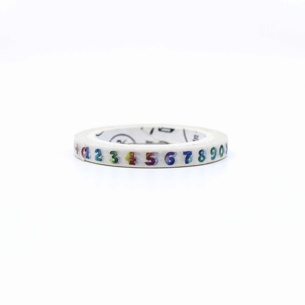 Roll of number-pattern washi tape standing upright with strip peeled out for detail view.