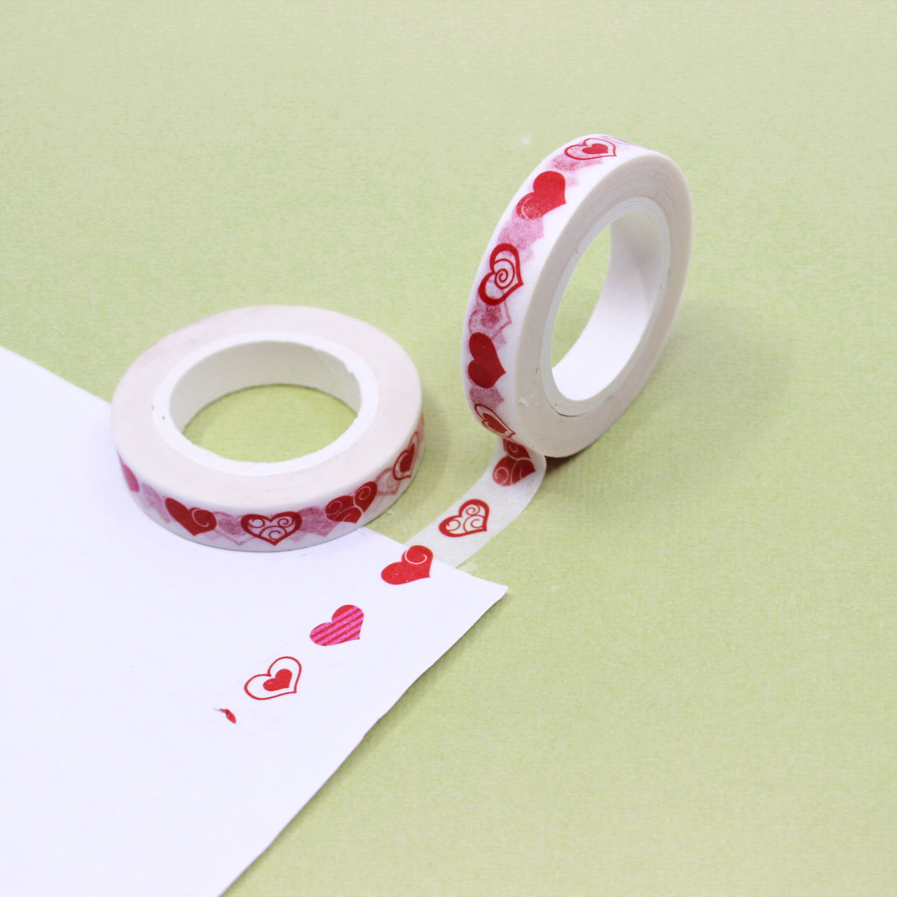 Narrow Red heart patterned washi tape. Perfect for valentines, wedding, and planner and journaling family love. This tape is sold at BBB Supplies Washi Tape Shop.