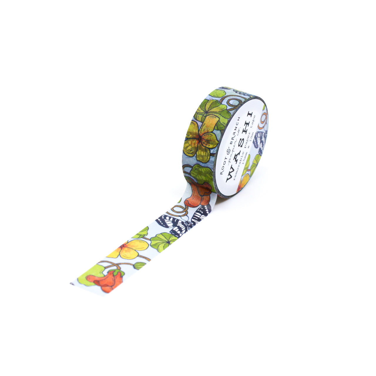 Nasturtium Garden and Swallowtail Butterfly Washi Tape, showcasing vibrant nasturtium blooms amidst graceful swallowtail butterflies in a stunning design. This tape from Root & Branch Paper co. is sold at BBB Supplies Craft Shop.
