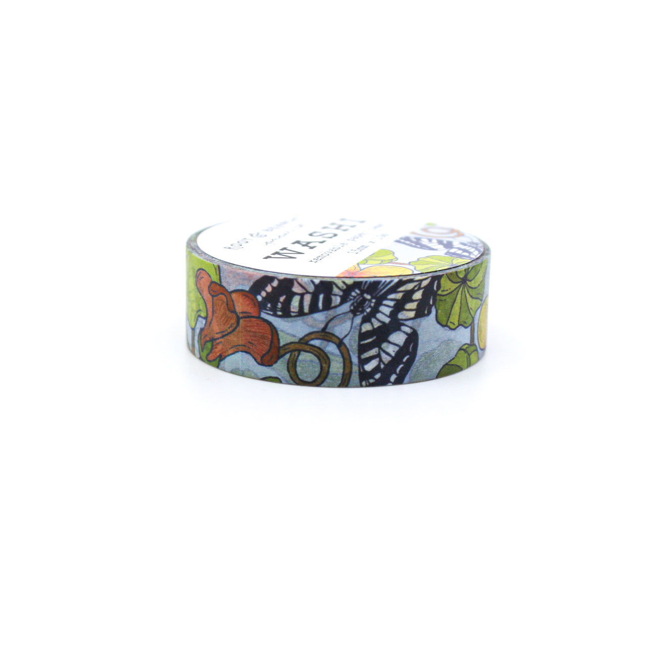 Nasturtium Garden and Swallowtail Butterfly Washi Tape, showcasing vibrant nasturtium blooms amidst graceful swallowtail butterflies in a stunning design. This tape from Root & Branch Paper co. is sold at BBB Supplies Craft Shop.
