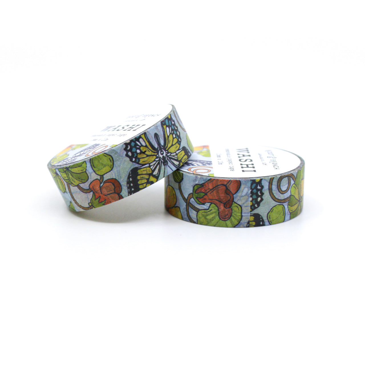 Nasturtium Garden and Swallowtail Butterfly Washi Tape, showcasing vibrant nasturtium blooms amidst graceful swallowtail butterflies in a stunning design. This tape from Root & Branch Paper co. is sold at BBB Supplies Craft Shop.
