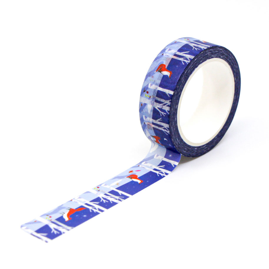 Roll of decorative tape with Moody woodland washi tape with fox illustrations and stars — perfect for planners and gifts - unrolled to see entire pattern.