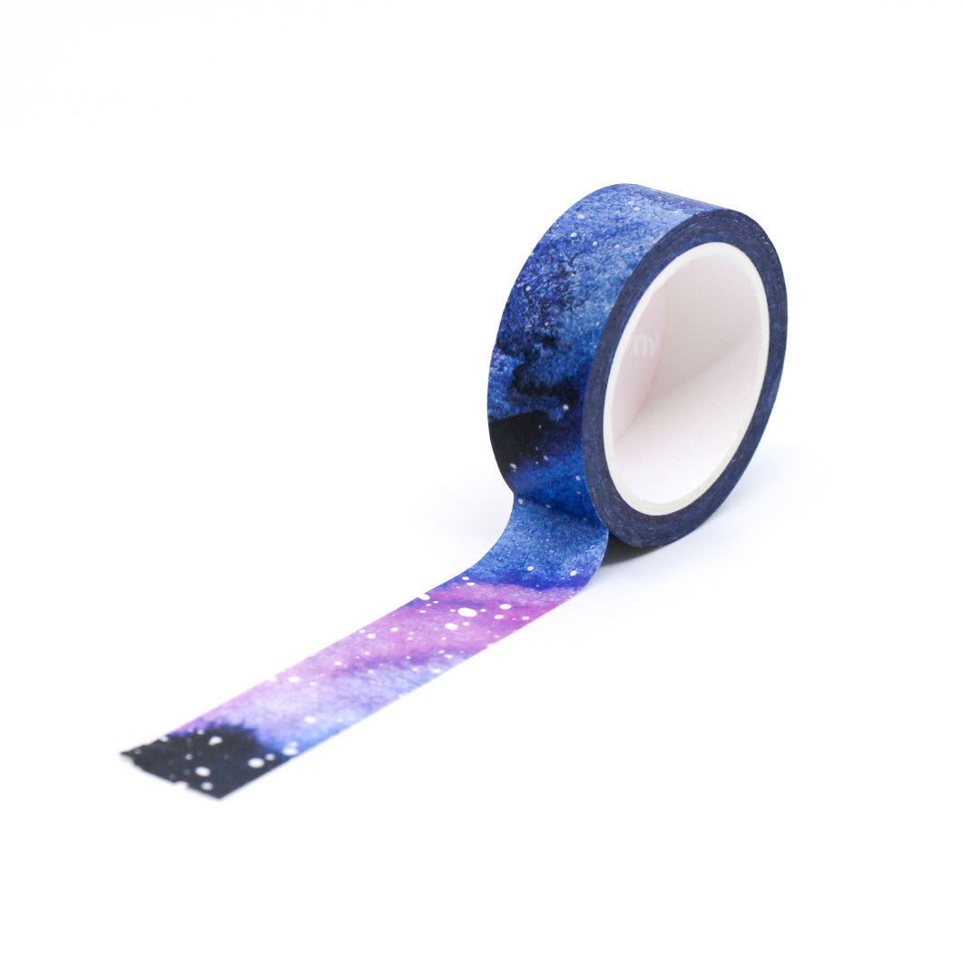 This washi tape is a purple and blue galaxy night sky with stars. It is from Sarah Frances Designs and sold at BBB Supplies Craft Shop.