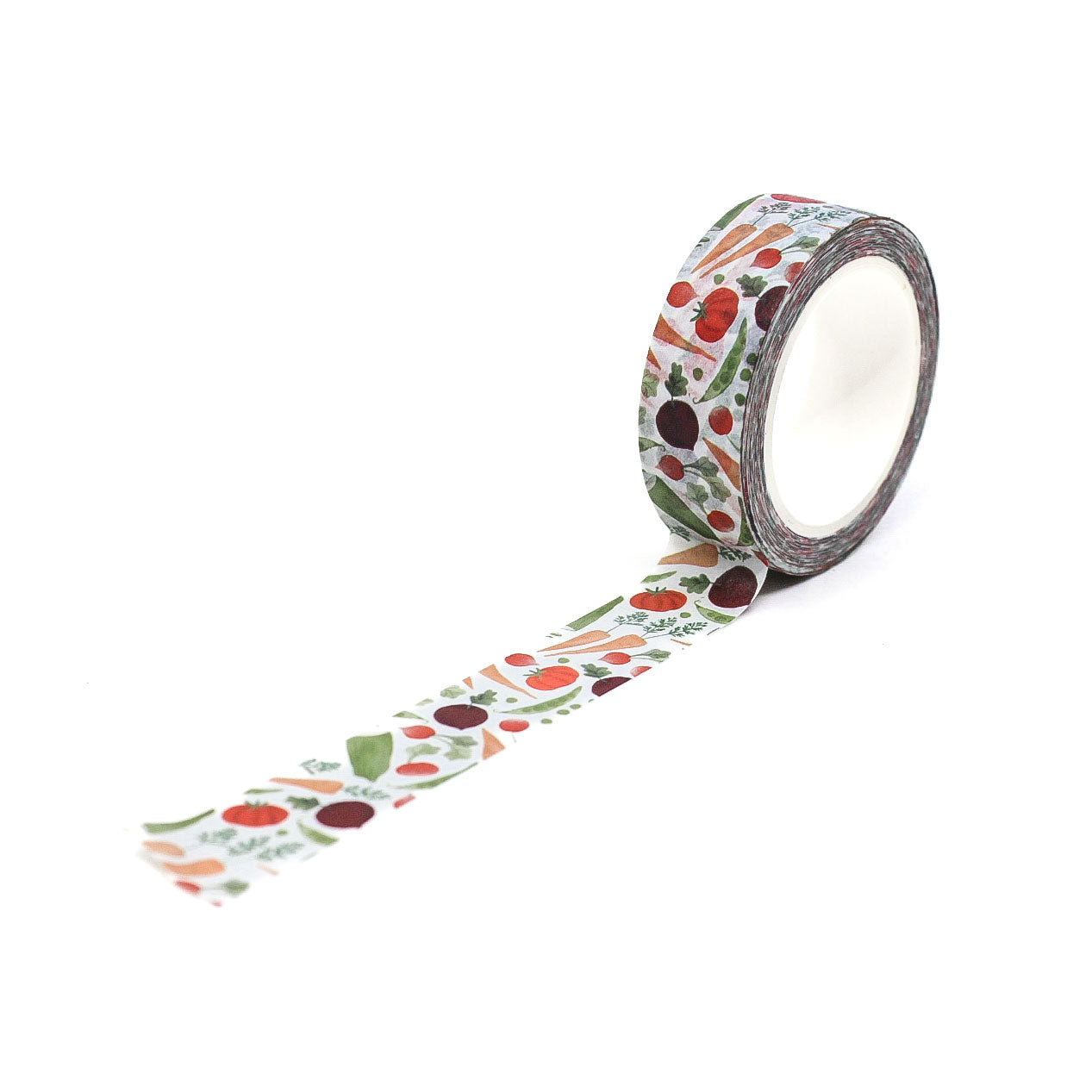 Washi tape features cute, colorful illustrations of vegetables like carrots, broccoli, tomatoes, and bell peppers, ideal for meal planning and adding a playful, healthy touch to your crafts.