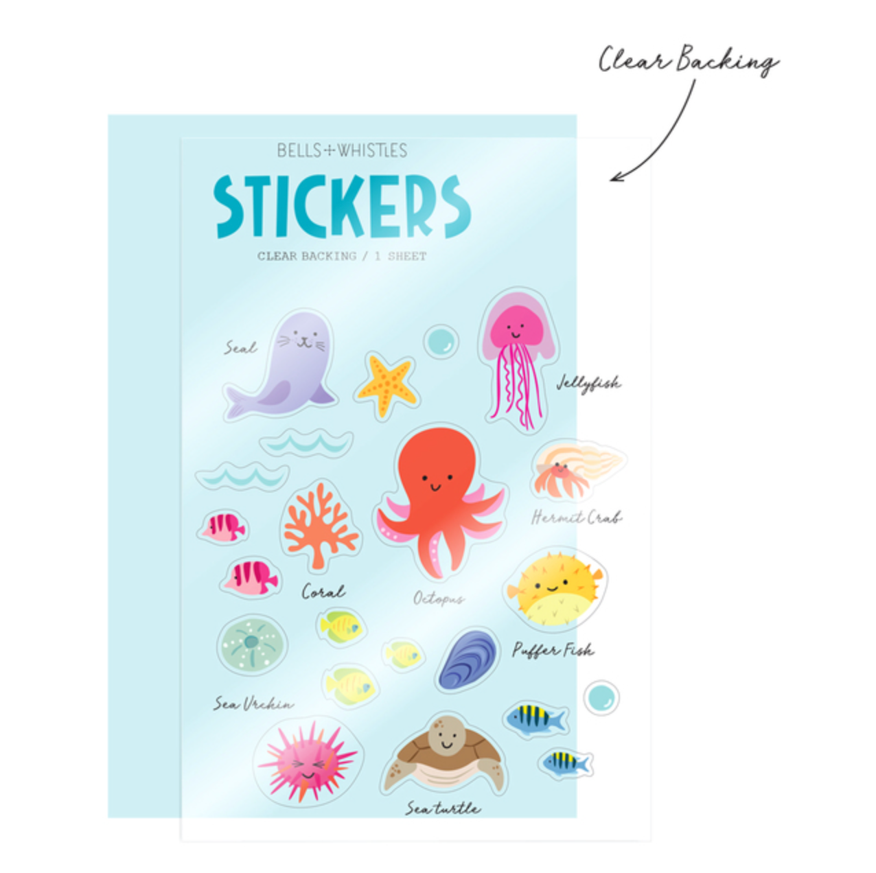 Coastal-themed stickers featuring marine life and seashell illustrations on a matte sheet.