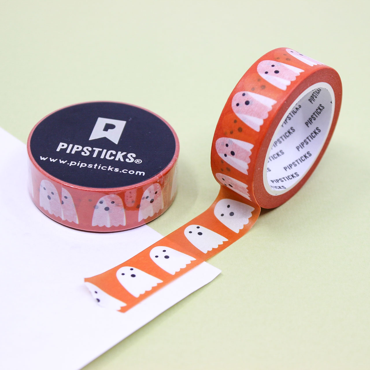Orange Ghost Lineup Washi Tape with cute white ghosts on a vibrant orange background, perfect for Halloween crafts, planners, and DIY decorations.