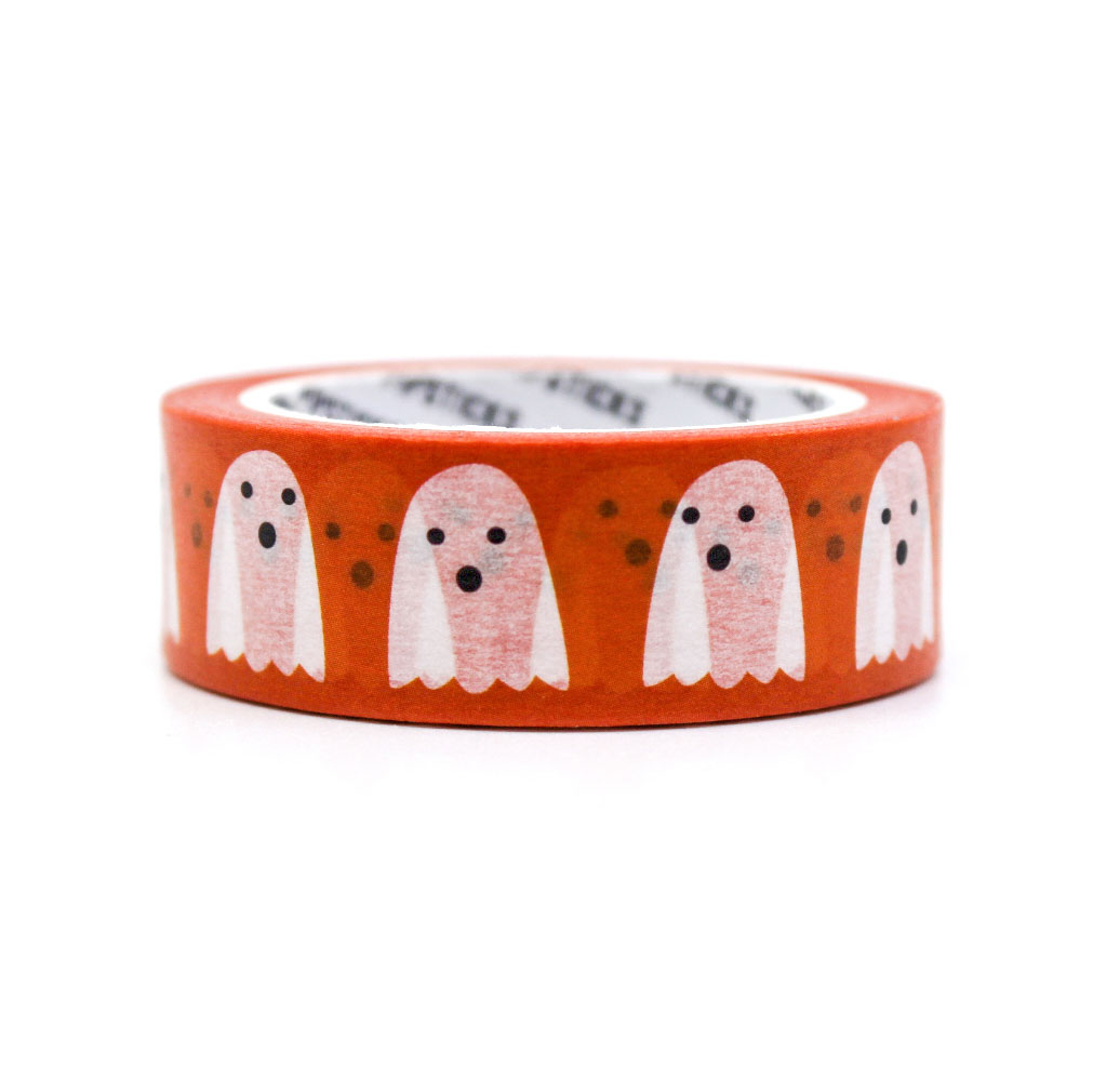 Orange Ghost Lineup Washi Tape with cute white ghosts on a vibrant orange background, perfect for Halloween crafts, planners, and DIY decorations.