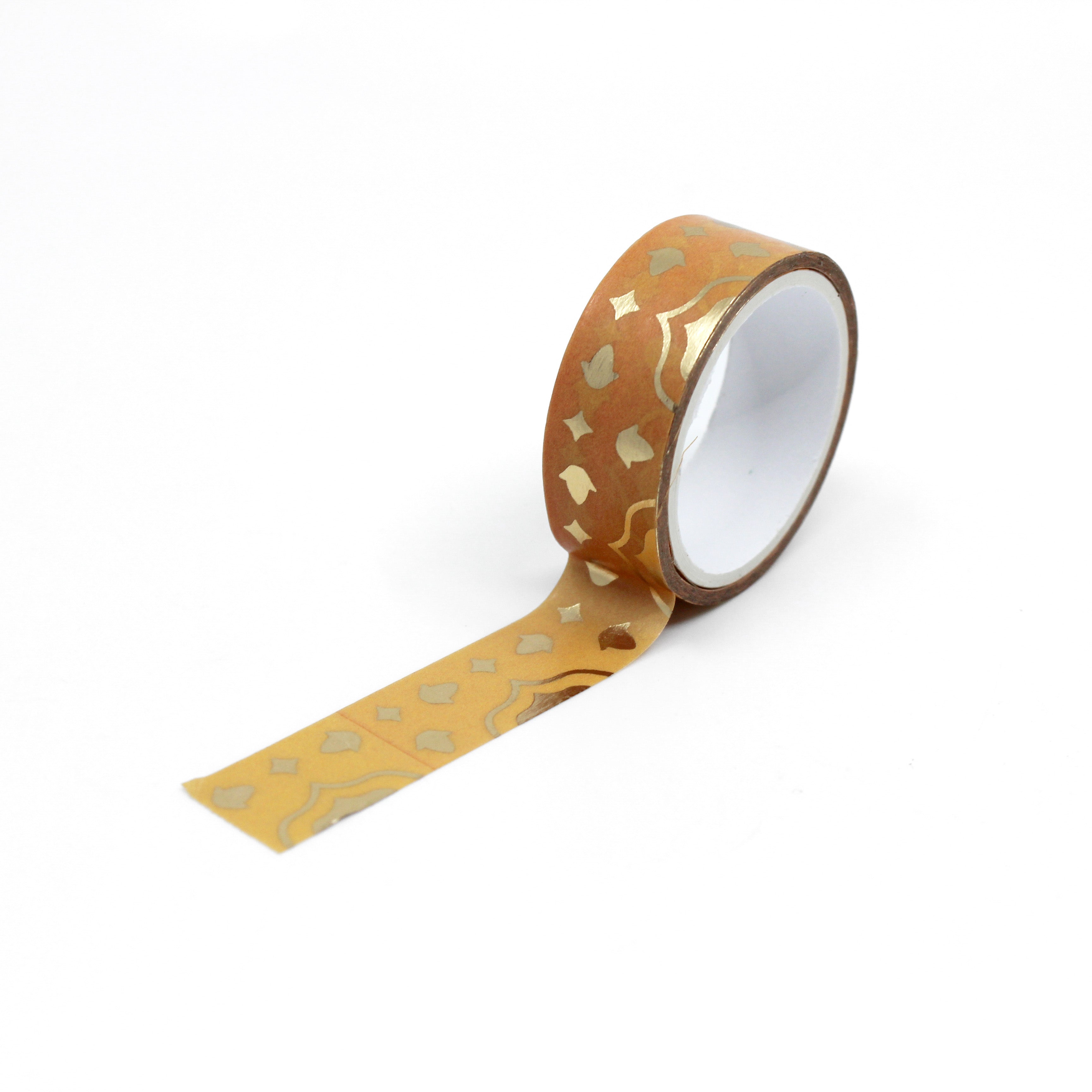 Add a touch of spirituality and elegance to your crafts with our Orange Gold Foil Hamsa Hand Washi Tape. Featuring a beautifully detailed Hamsa Hand design in vibrant orange with shimmering gold foil accents, perfect for a stylish and meaningful accent. This tape is sold at BBB Supplies Craft Shop.
