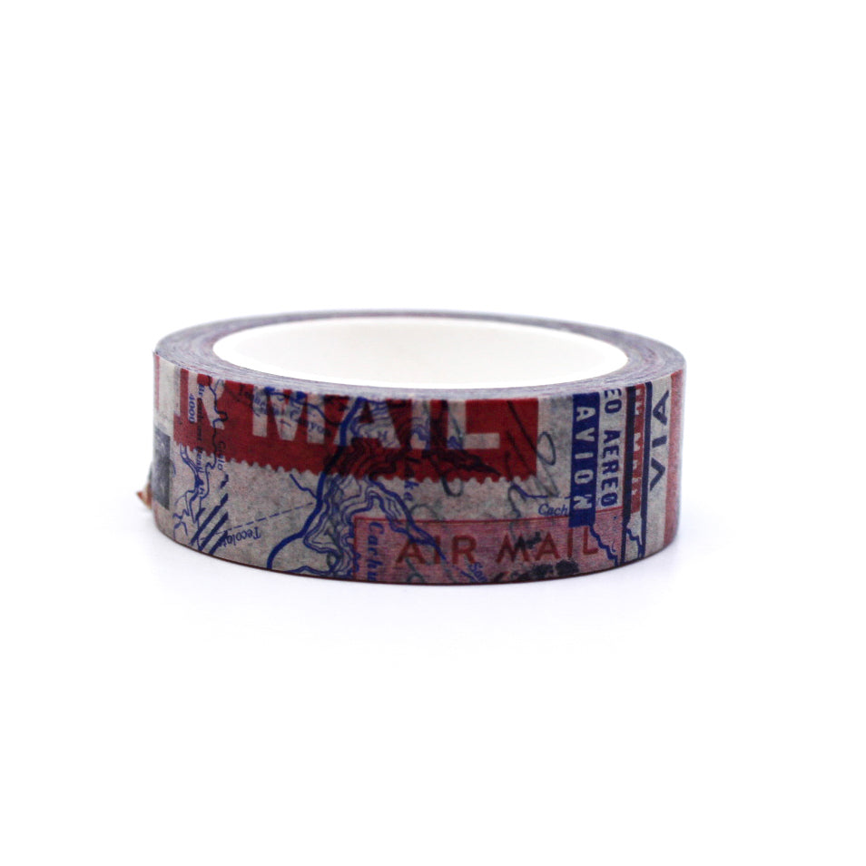 "Par Avion Air Mail Washi Tape" features classic red and blue airmail stripes with elegant 'Par Avion' text, adding a vintage, international flair to your letters, journals, planners, and craft projects. Perfect for mail art enthusiasts and those who love timeless, travel-inspired designs.