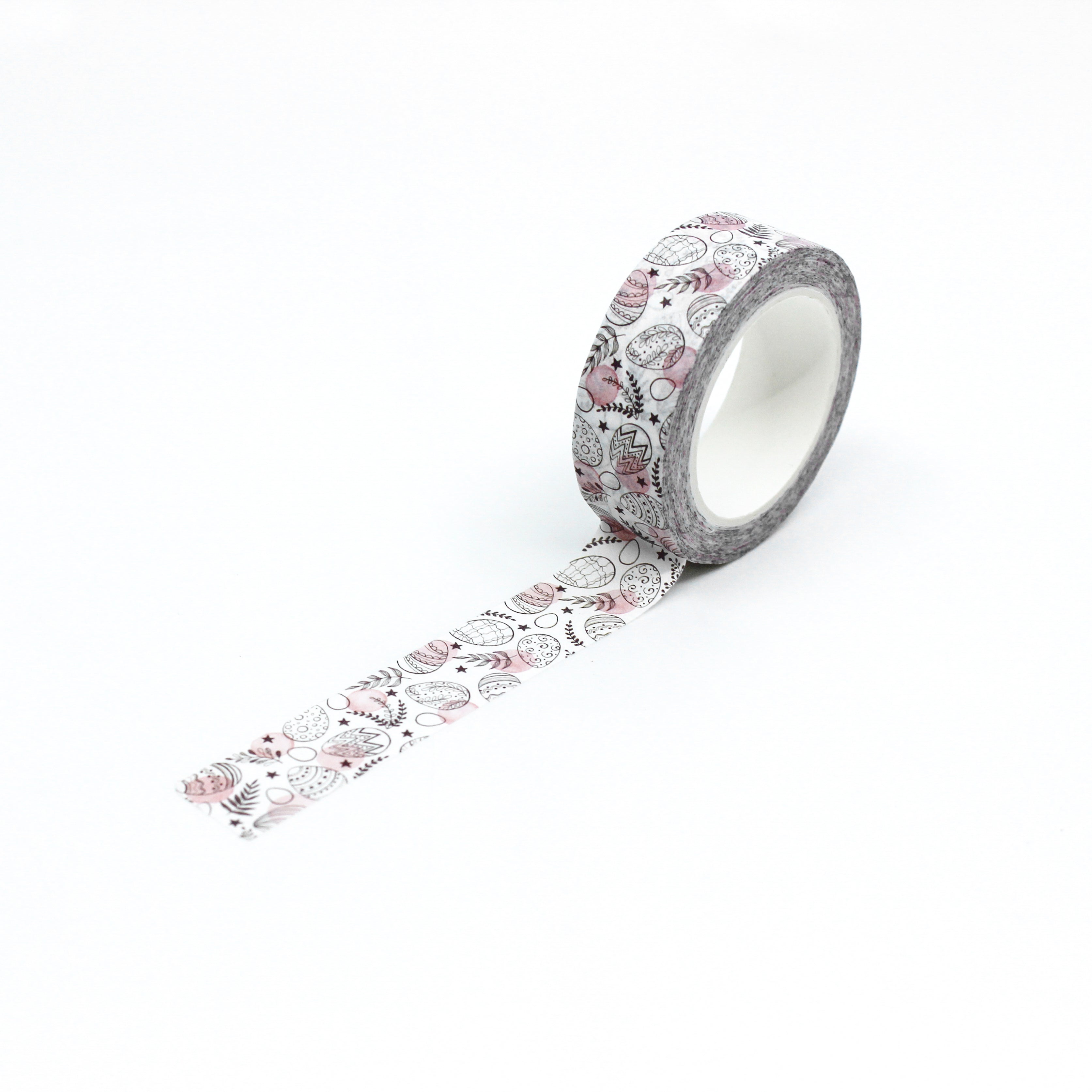 Pastel Easter Eggs Pattern Washi Tape: Decorate your Easter projects with this delightful washi tape featuring a pattern of colorful pastel Easter eggs. Perfect for adding a festive touch to cards, scrapbooks, and more! This tape is sold at BBB Supplies Craft Shop.