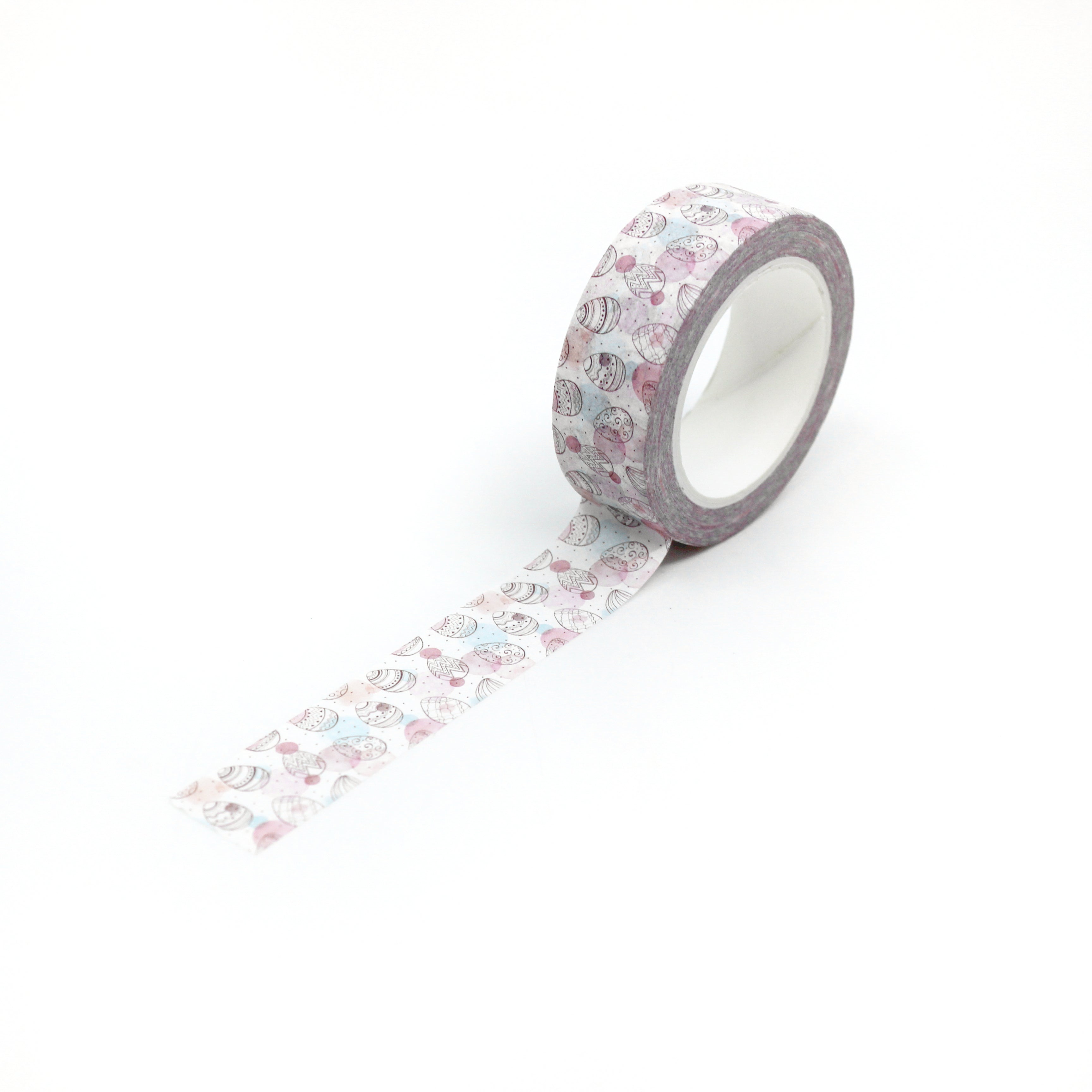 Pastel Easter Eggs Pattern Washi Tape: Decorate your Easter projects with this delightful washi tape featuring a pattern of colorful pastel Easter eggs. Perfect for adding a festive touch to cards, scrapbooks, and more! This tape is sold at BBB Supplies Craft Shop.