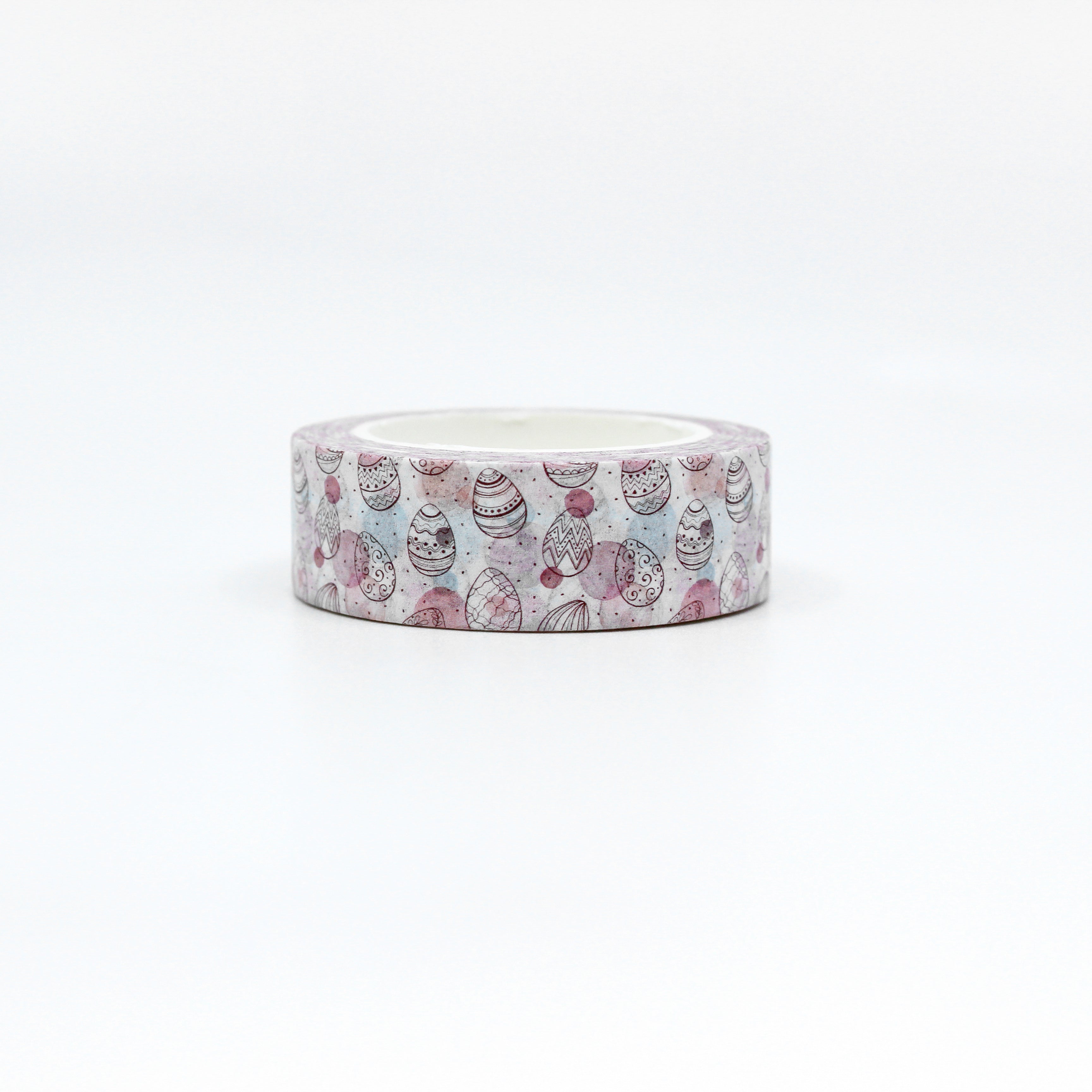 Pastel Easter Eggs Pattern Washi Tape: Decorate your Easter projects with this delightful washi tape featuring a pattern of colorful pastel Easter eggs. Perfect for adding a festive touch to cards, scrapbooks, and more! This tape is sold at BBB Supplies Craft Shop.