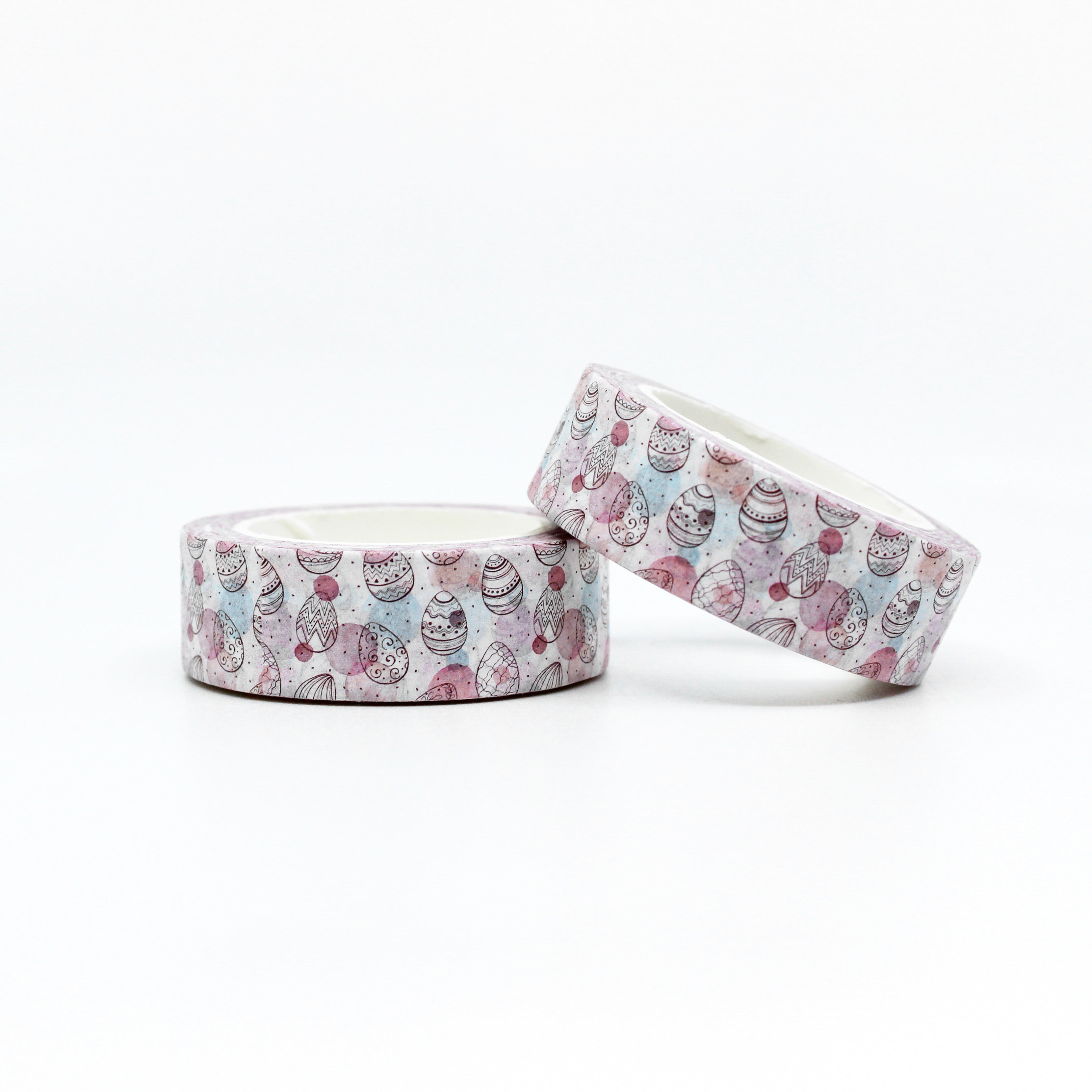 Pastel Easter Eggs Pattern Washi Tape: Decorate your Easter projects with this delightful washi tape featuring a pattern of colorful pastel Easter eggs. Perfect for adding a festive touch to cards, scrapbooks, and more! This tape is sold at BBB Supplies Craft Shop.
