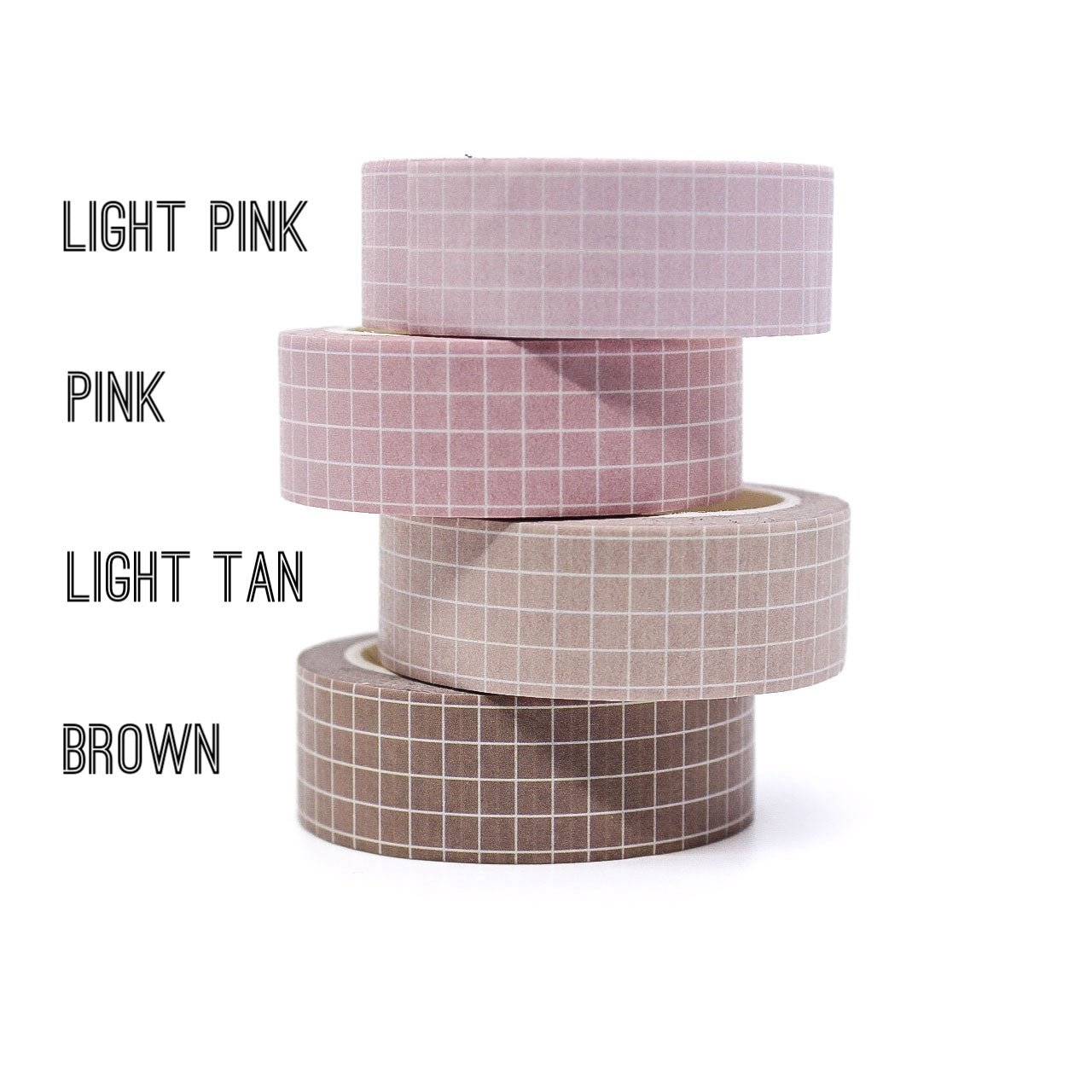 Soft neutrals grid washi tape in shades of soft pink, blush, light tan, and brown, featuring a minimalist grid pattern perfect for elegant and organized crafts.