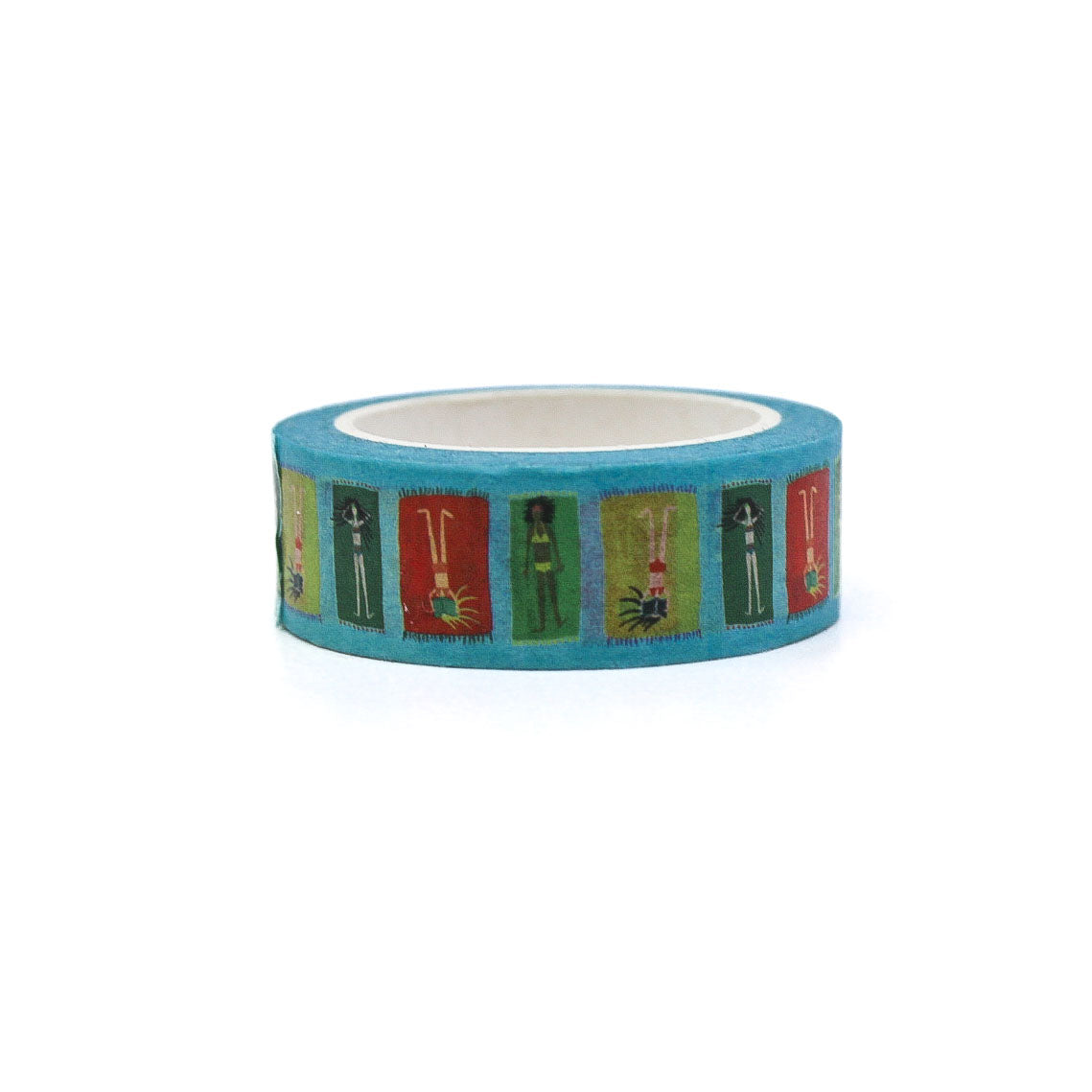 Roll of decorative tape with colorful designs on a white background