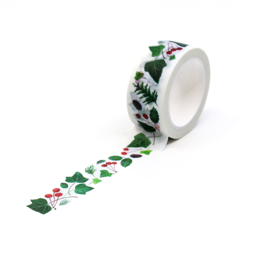 Decorative botanical washi tape featuring green ivy and red berries.