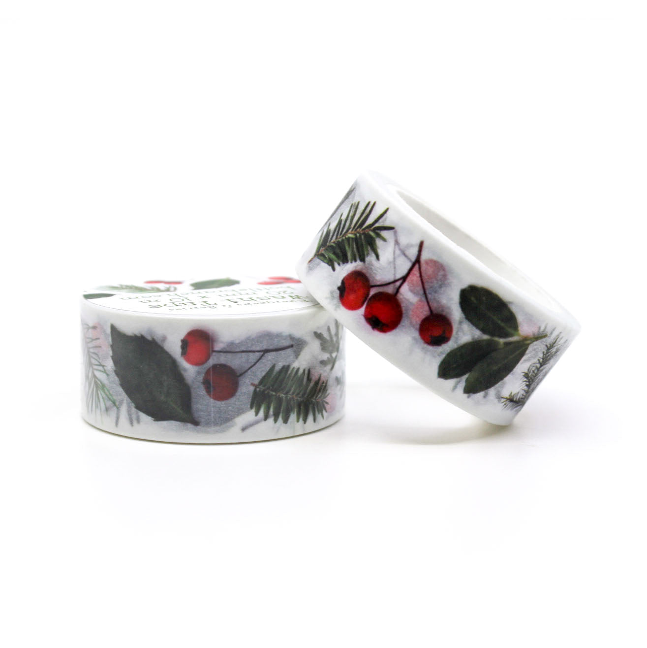 Decorative evergreen and berry print washi tape for scrapbooks and cards.
