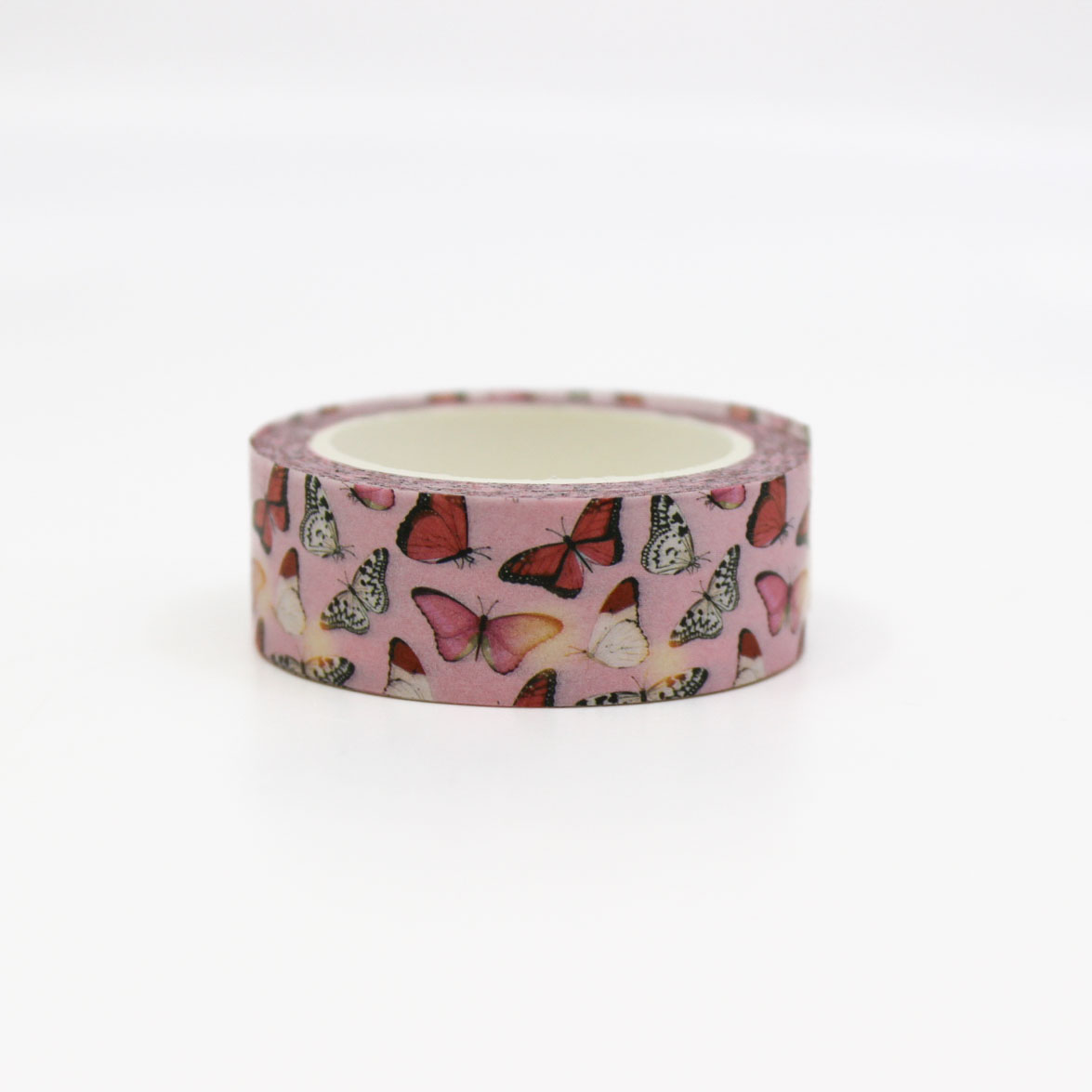 This bright and colorful washi tape features delicate pink butterflies, perfect for adding a whimsical and feminine touch to your crafts and journals. This tape is sold at BBB Supplies Craft Shop.